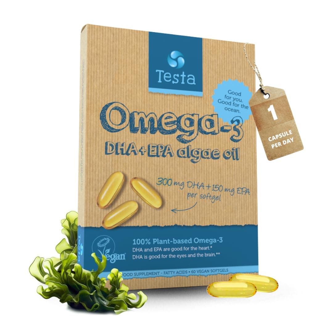 Testa Omega-3 Supplement - Vegan Based Omega 3 DHA EPA Capsules from Algae - Omega 3 Fatty acids - Supports Heart, Brain & Joint Health - Plastic Negative, RTG, and Kosher - Two Months Supply