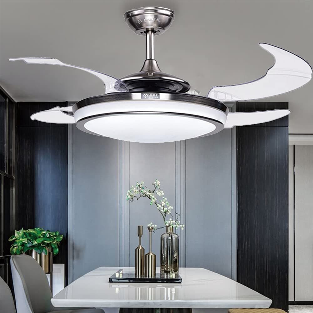 WHYIN 44" Modern Ceiling Fan Light Polished & Clear Retractable Blades 3 Speeds 3 Colors Integrated LED Ceiling Fan with Remote Control Included, Silent Motor with LED Kits Included