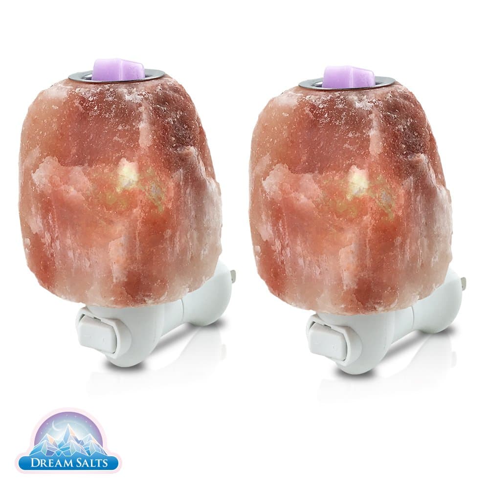 Dream Salts Himalayan Salt Night Light, Decorative Plug in for Warming Scented Candle Wax Melts, Tarts & Oils, Hand Carved Wall Lamp with Natural Amber Glow and Wax Warmer Dish (Pack of 2)