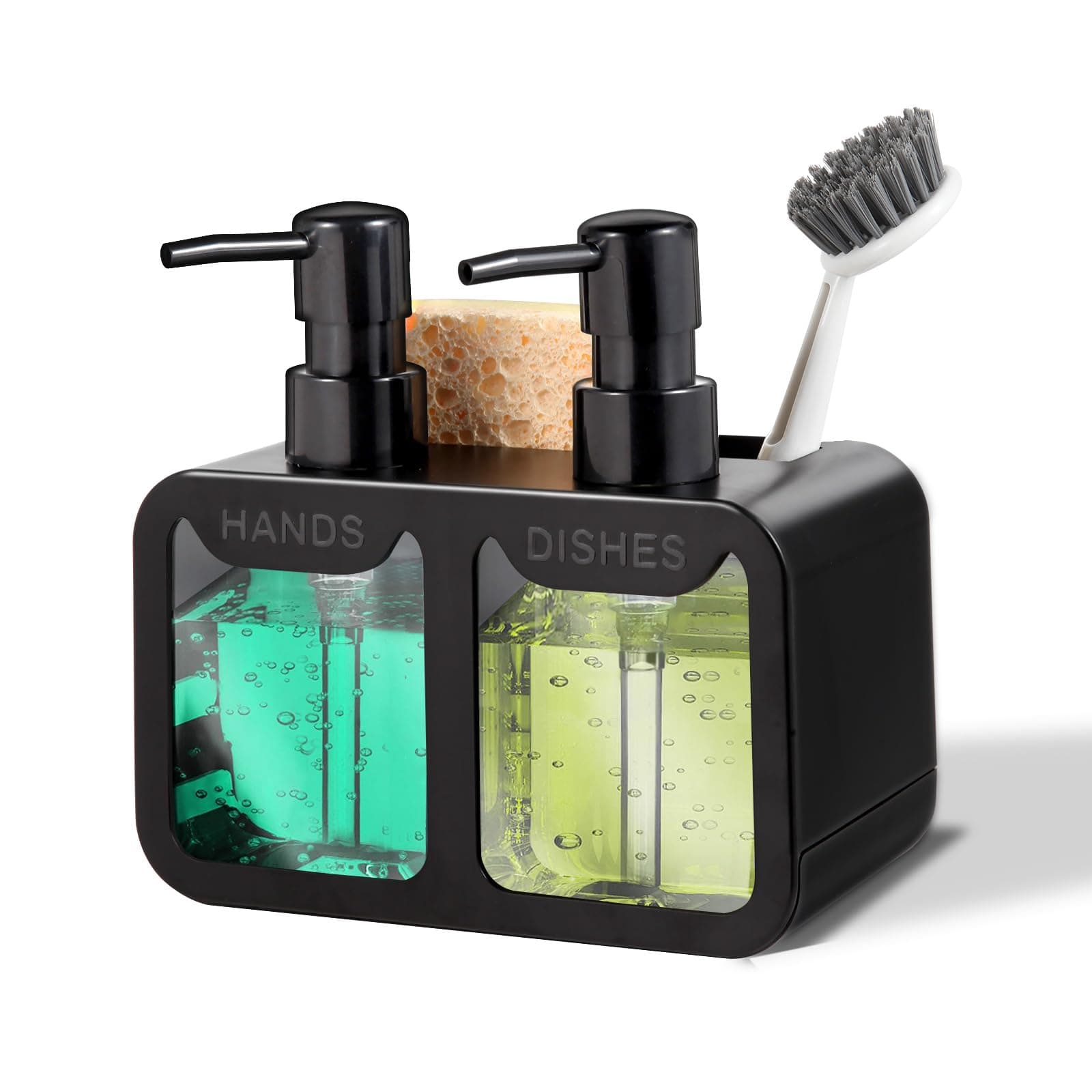 Eavida Kitchen Soap Dispenser Set, with Hand and Dish Soap, Sponge Caddy and Brush Holder 4-in-1 Kitchen Dual Soap Dispenser Set for Kitchen Sink, Bathroom - Black