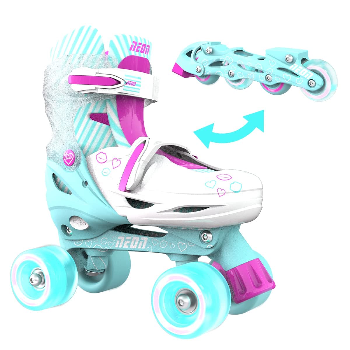 Neon Combo Skates for Kids – 2-in-1 Adjustable Quad & Inline Skates with Light-Up Wheels | Beginner-Friendly, No Tools Needed (12-2 or 3-6 US)