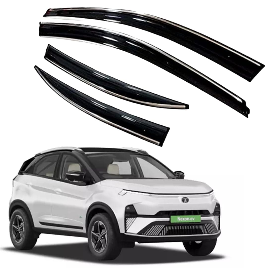 ROYALTECH Premium Chromeline & Silverline Unbreakable Car Rear Window Wind Deflectors & Side Door Visor Rain Guard Compatible with (Tata Nexon EV (2023 Onwards))