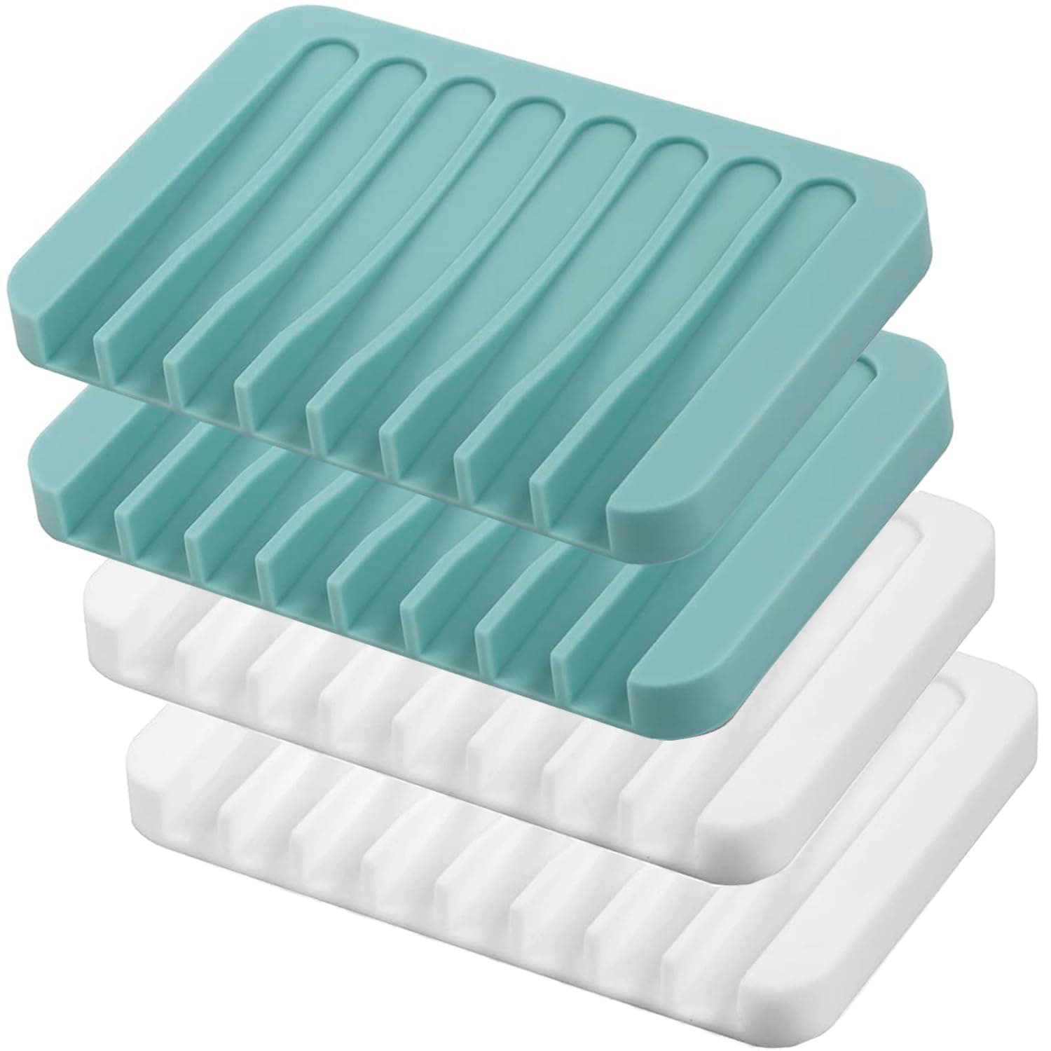 4PCS Premium Silicone Self-Draining Soap Holders, Waterfall Drainer Soap Savers for Bathroom, Kitchen & Bath Tub - Extends Soap Life, Easy Clean (White & Teal)