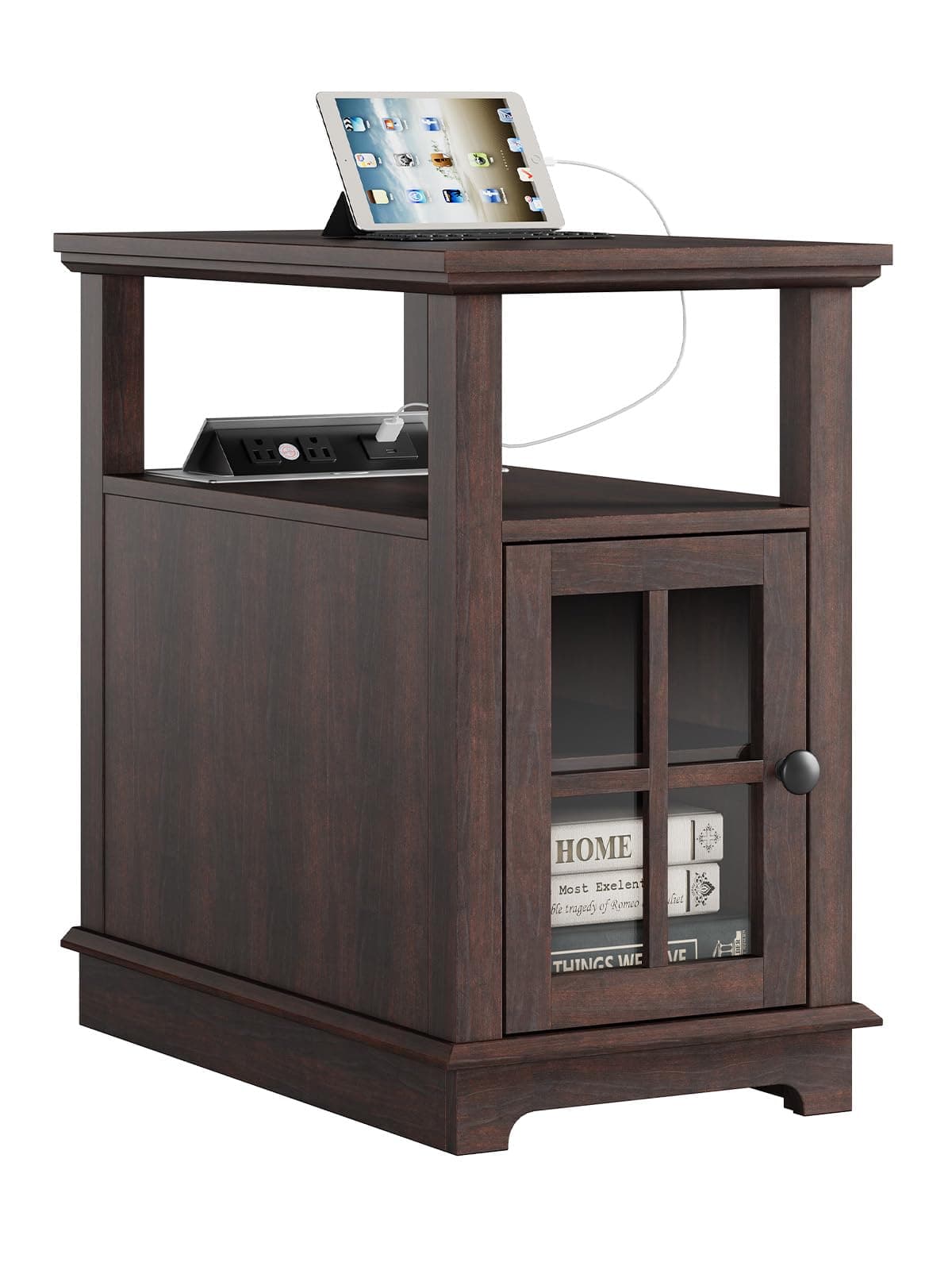 - Narrow End Table with Charging Station, Flip Top Design, Type-C & USB Ports & Outlets, Adjustable Shelf for Storage in Living Room, Bedroom, Home Office