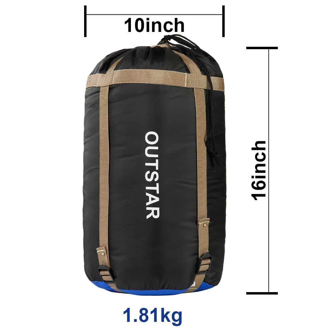 OUTSTAR Lightweight Waterproof Envelope Sleeping Bag with Compression Sack for Kids,Boys, Girls, Teens & Adults. Indoor &Outdoor Camping, Travelling, Hiking & Backpacking (Blue & Black/Right Zip)