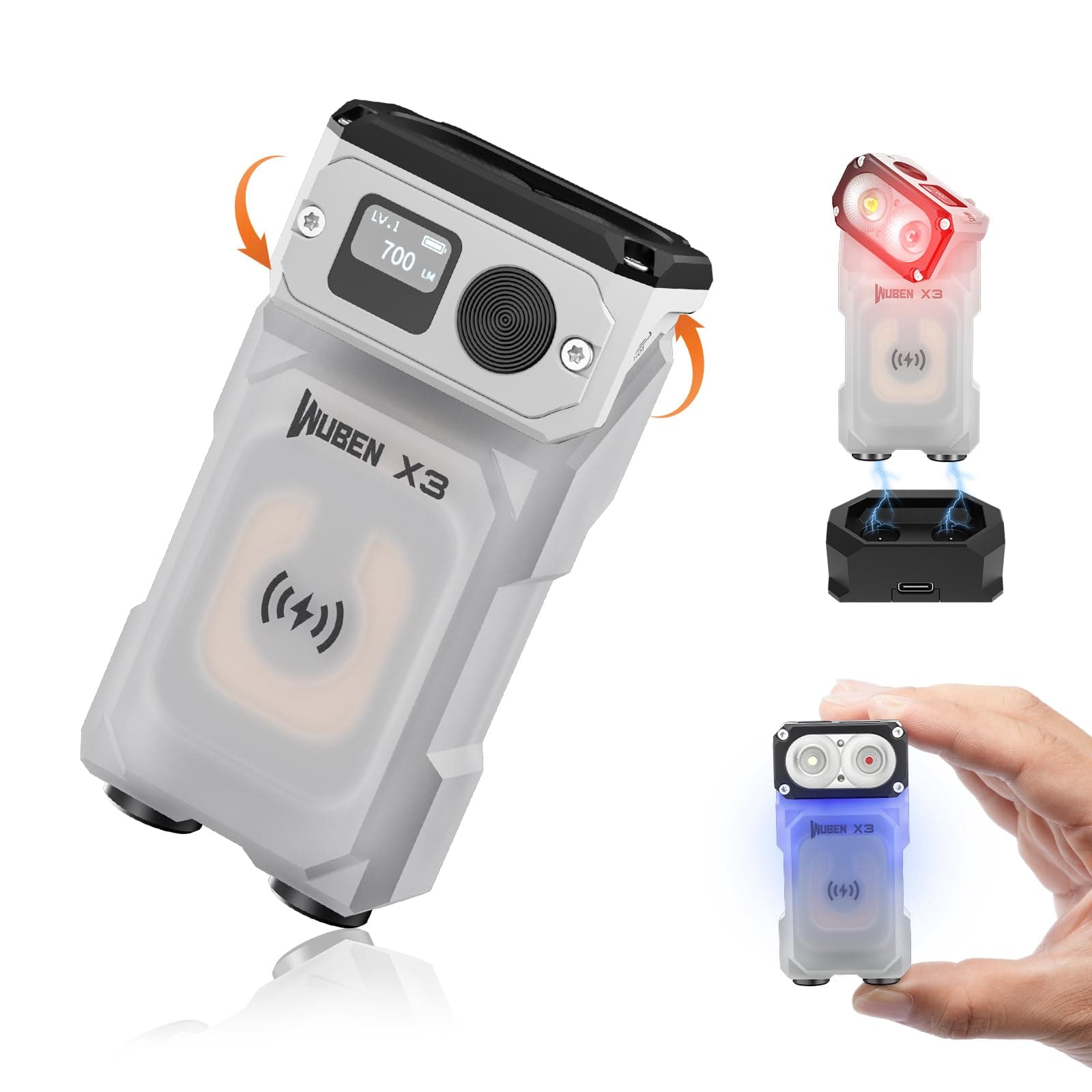 X3 Mini Rechargeable Flashlight with Charging Base 180 Degree EDC Keychain Flashlight Twist Ip65 Waterproof Magnet Pocket Flashlights 10 Mode Type-C Lanyard for Camping, Outdoor,Inspection, Gift