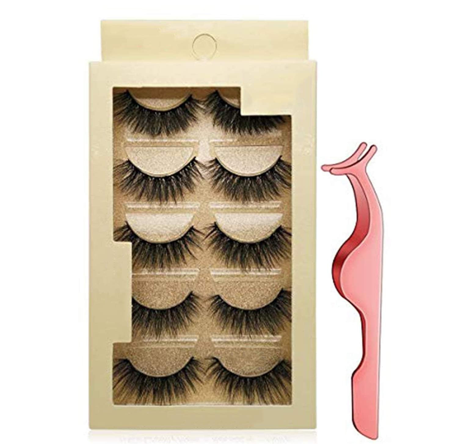 DELFINO False Lashes, False Eyelashes Mink Lashes 5 Pairs Reusable 3D Mink Lashes Handmade Natural Thick Fake Eyelashes Contains Stainless Steel Eyelash Tweezers (Bomb)