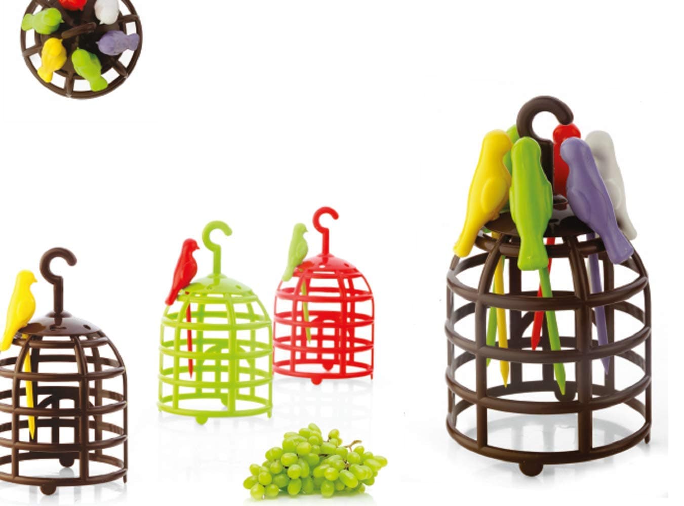 JAY ANTIQUES Birdcage Designed Fruit Forks Picks Plastic Birds On The Cage Dessert Cake Fruit Picks Creative Forks Set