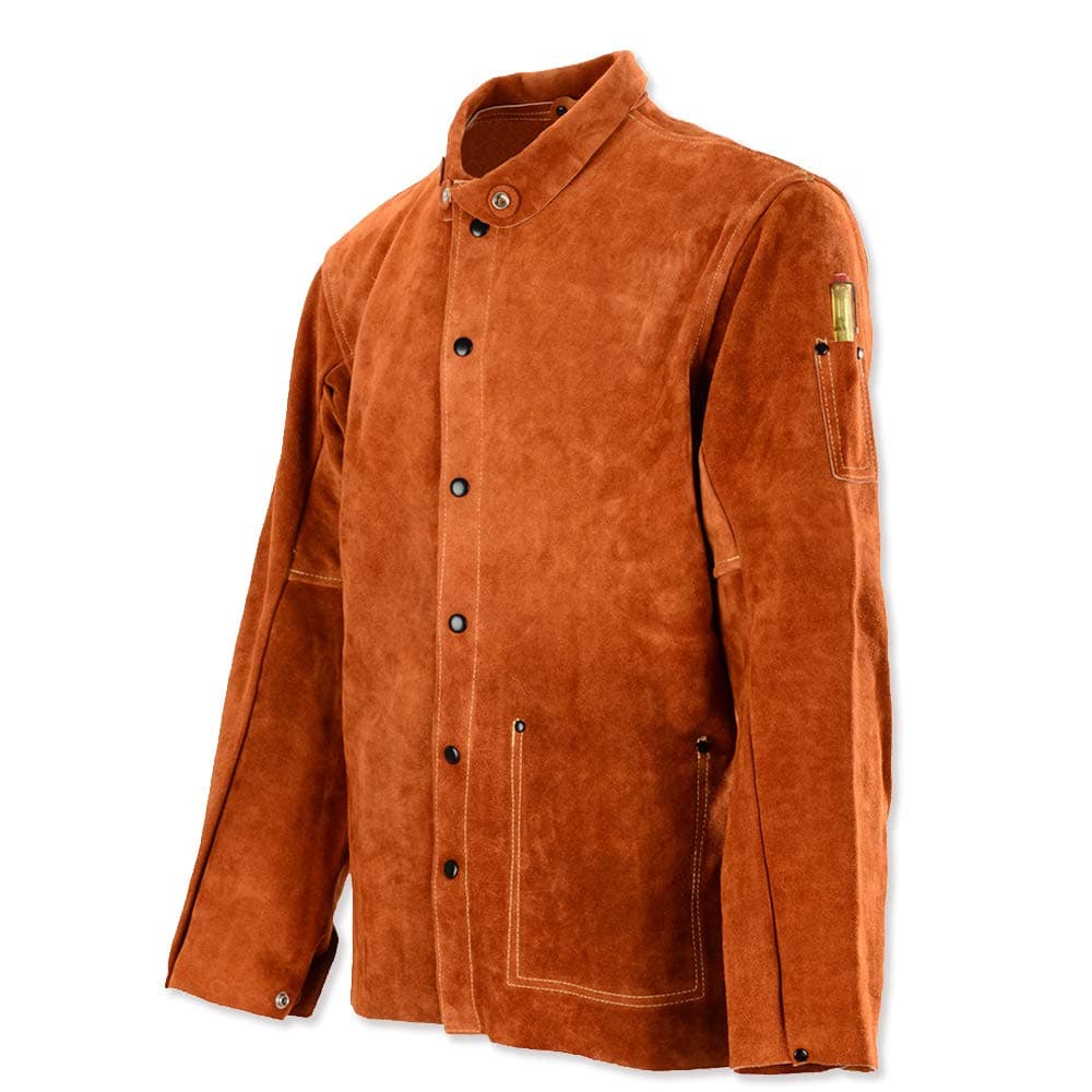 QeeLink Leather Welding Jacket - Flame-Resistant Heavy Duty Work Welder Jackets - Split Cowhide Welding Coat for Men Women