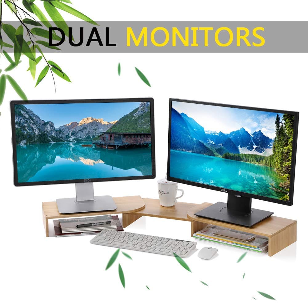 Bamboo Dual Monitor Stand Riser with Angle Adjustable,2 Computer Screen Stand with Storage Organizer for Laptop,Computer or TV