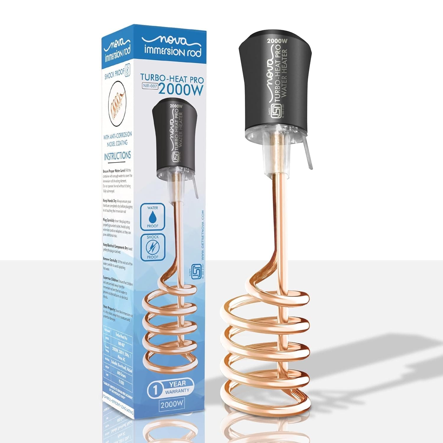 Nova Water Heater 2000W Shock Proof Immersion Rod with Rapid Heating Coil Technology | Copper & Nickel Plated with Extra Long Wire | Multicolor