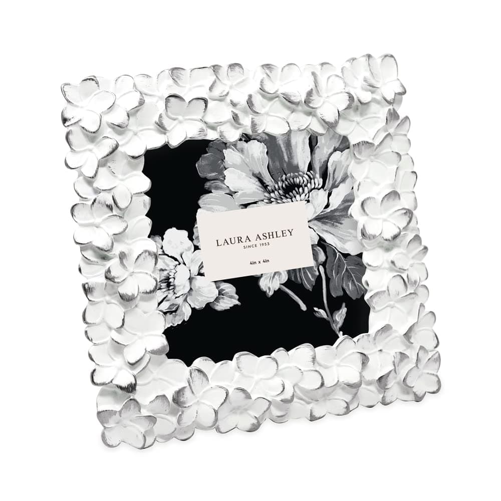 Laura Ashley 4x4 White & Silver Flower Textured Hand-Crafted Resin Picture Frame w/Easel & Hook for Tabletop & Wall Display, Decorative Floral Design Home Décor, Photo Gallery, Art (4x4, White/Silver)