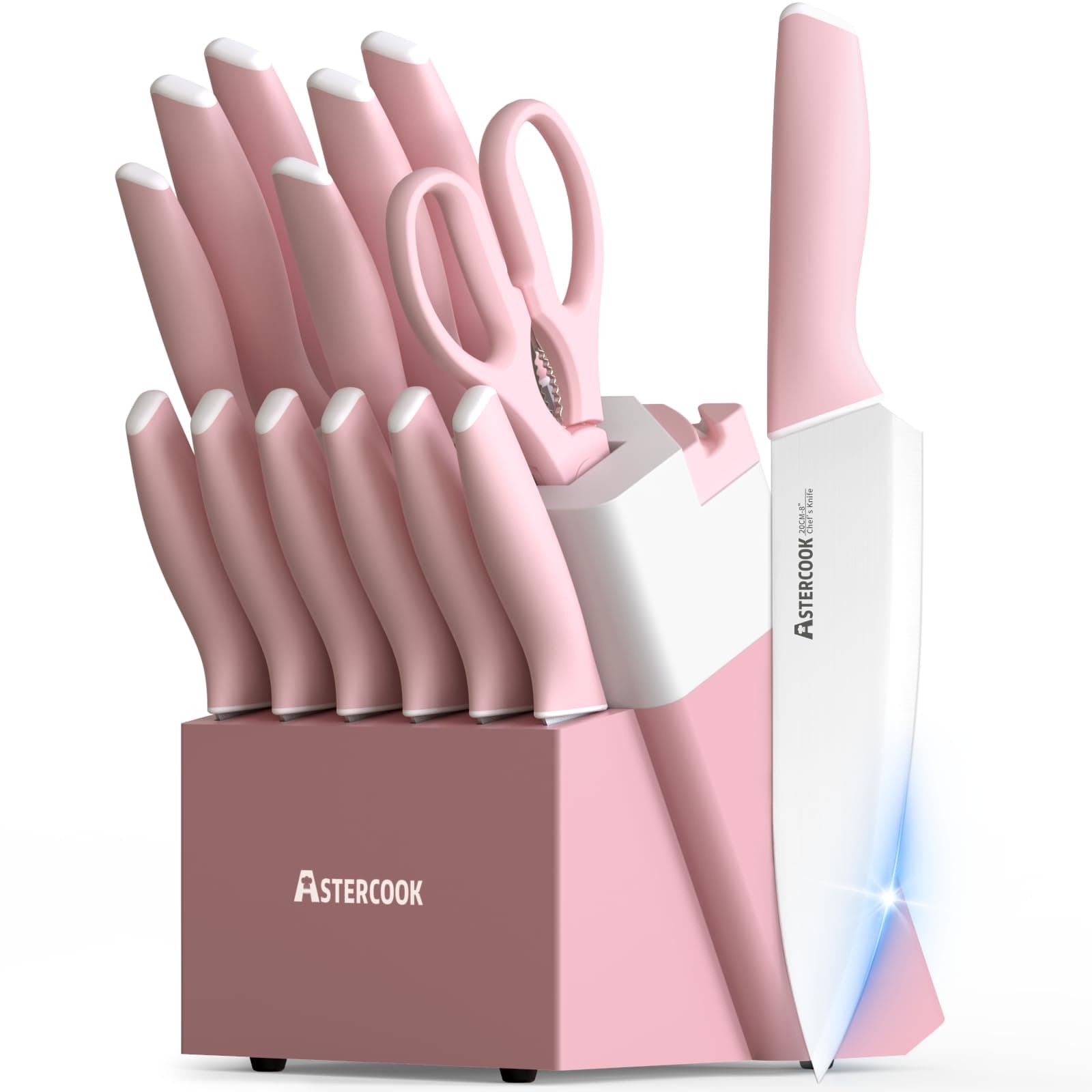Knife Set, Kitchen Knives Set with Block and Sharpener Ceramic Coating 15 Pcs German Stainless Steel Knives Sharp Blade Dishwasher Safe Knife Block Set with Ergonomic Handle, Crystal Pink