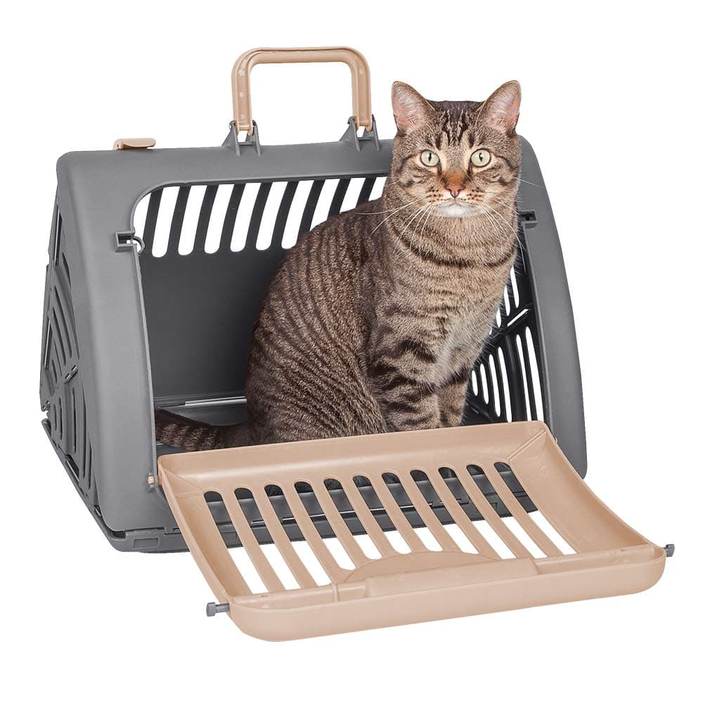Foldable Travel Cat Carrier - Front Door Plastic Collapsible Carrier, Gray and Tan, Medium (Pack of 1)
