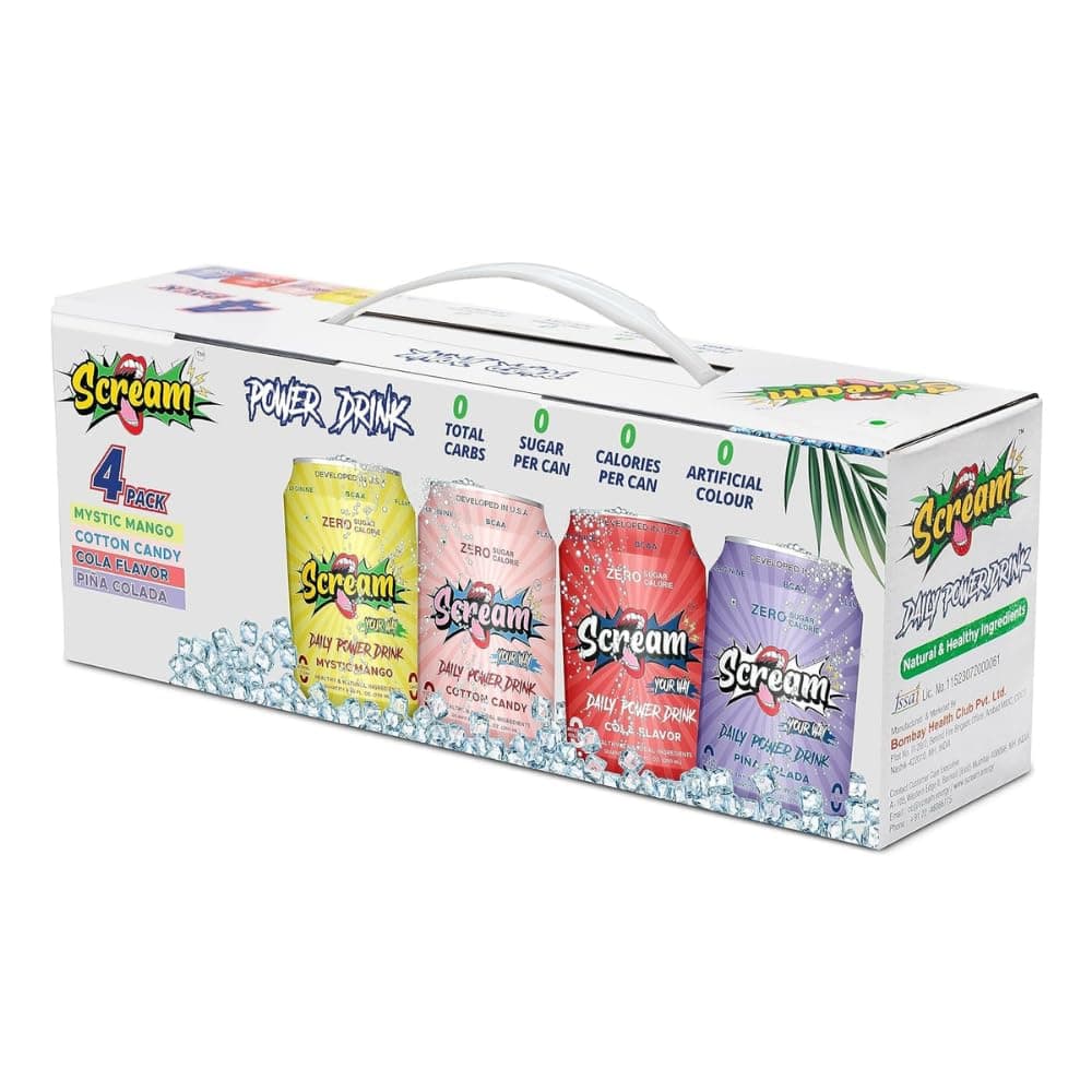 SCREAM YOUR WAY Power Energy Drink: Assorted Flavour,0 Sugar,0 Calorie,0 Carb,0 Artificial Color Energy Drink With Bcaa,Natural Caffeine,Sustained Energy-Pack Of 4,250Ml Cans