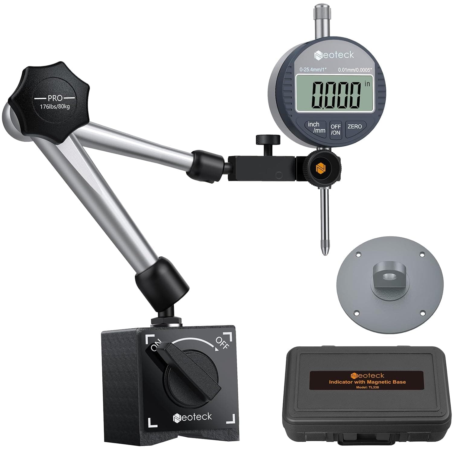 Neoteck Digital Dial Indicator Gauge and Magnetic Base Set with Storage Case 0-1 inch/ 25.4mm, 0.0005inch/0.01mm Inch/Metric Conversion Measuring Tool for 3D Printer Lathe Workshop Woodworking-Silver