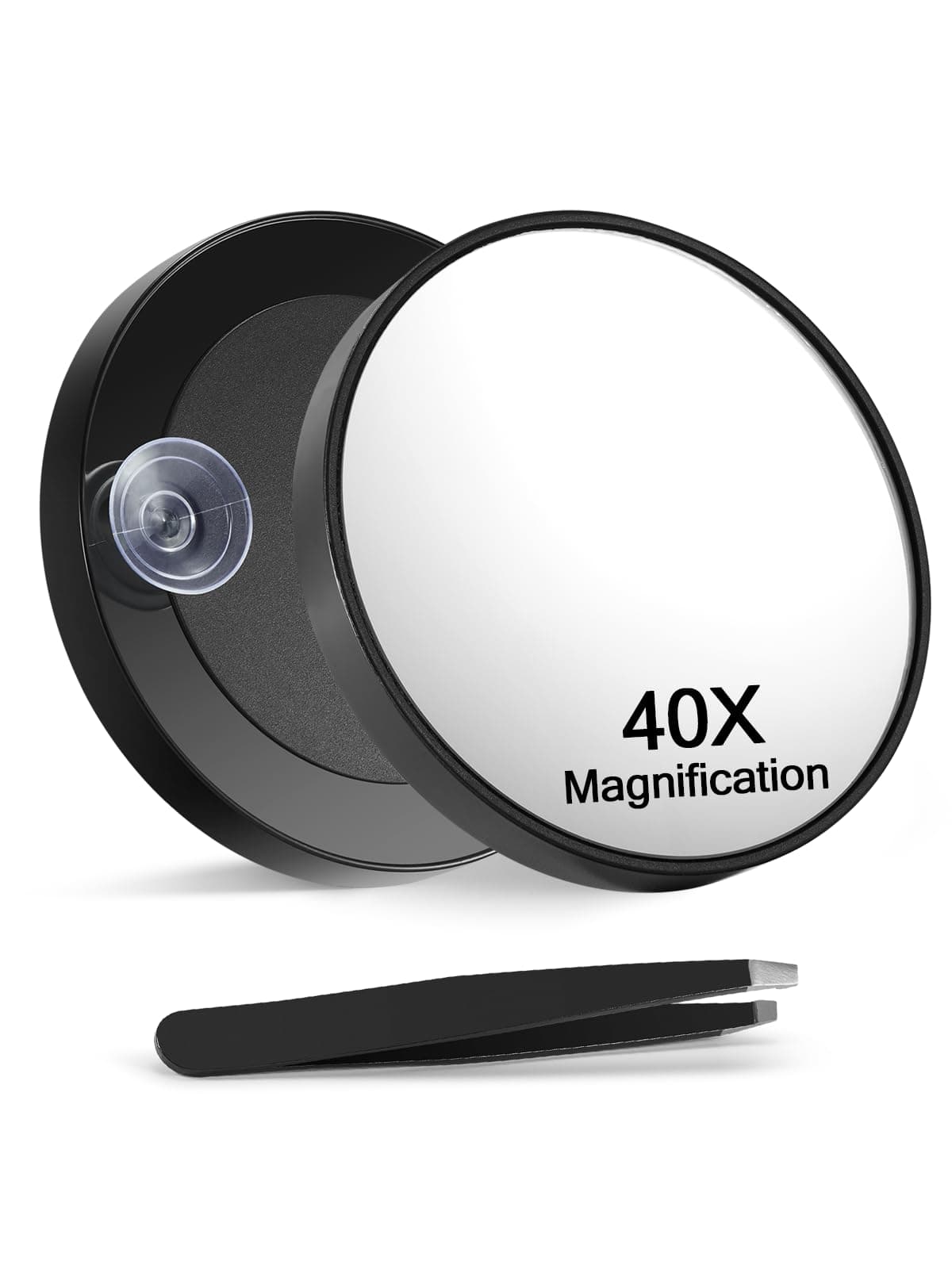 40X Magnifying Mirror with 2 Suction Cups, 3.5 inches Magnified Makeup Mirror and Slant Tweezers,Black,1PC