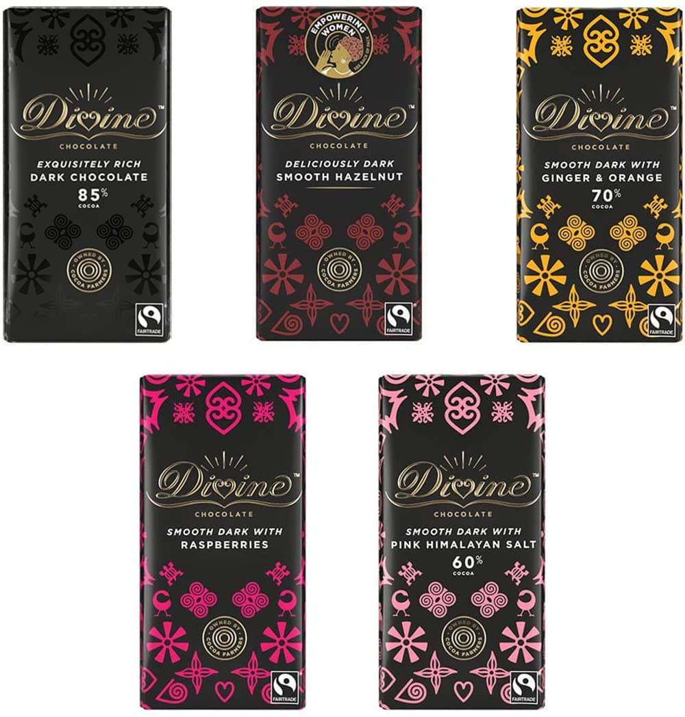 Divine Vegan Dark Chocolate Large Bars Mixed Case 5 x 90 Gram Bars