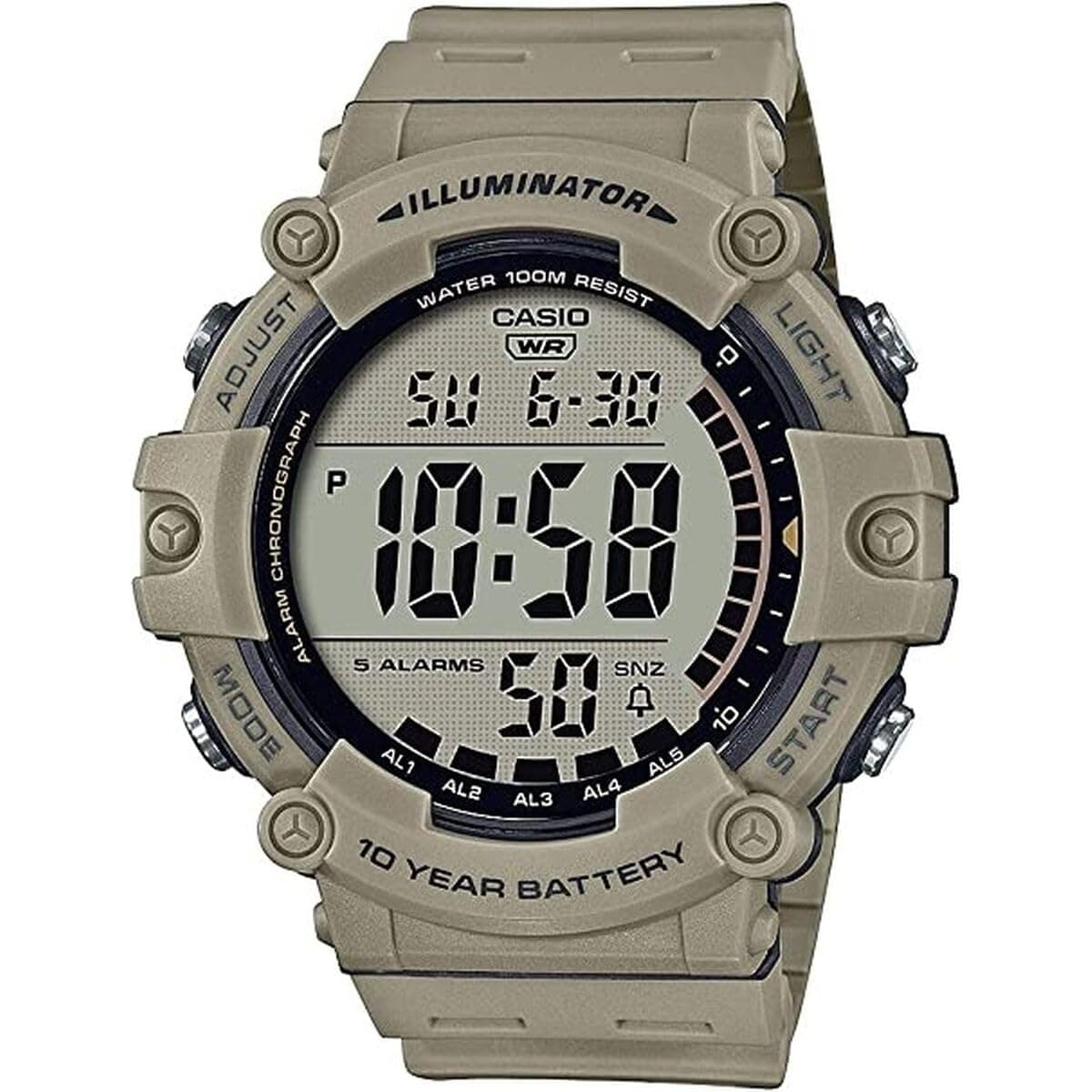 Illuminator AE1500WH Series | 10-Year Battery | LED Backlight | 5-Alarms | 1/100 Sec Stopwatch | Men's Digital Watch