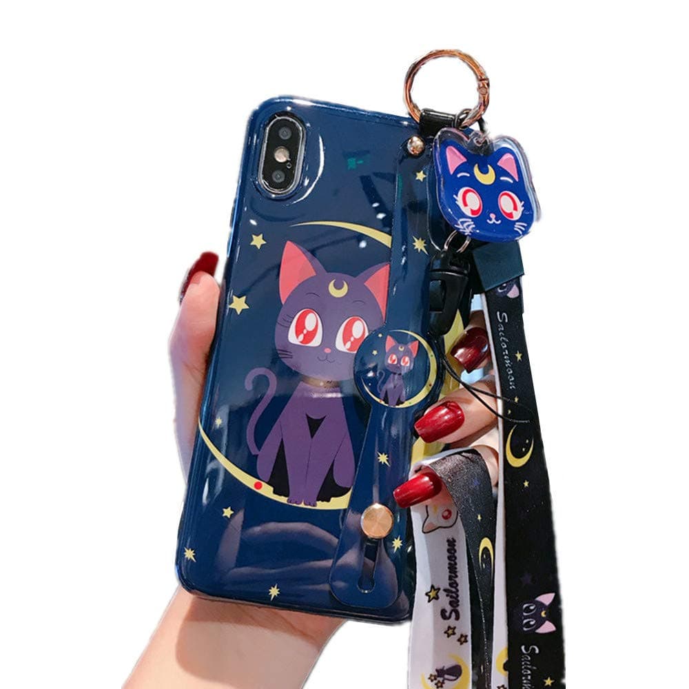 for iPhone 6 Plus 6s Plus Case Cover, Japan Anime Sailor Moon Case with Lanyard Strap Silicone Soft Phone Case Back Cover for iPhone 6 Plus 6s Plus (Luna Cat, for iPhone 6 Plus/6s Plus)