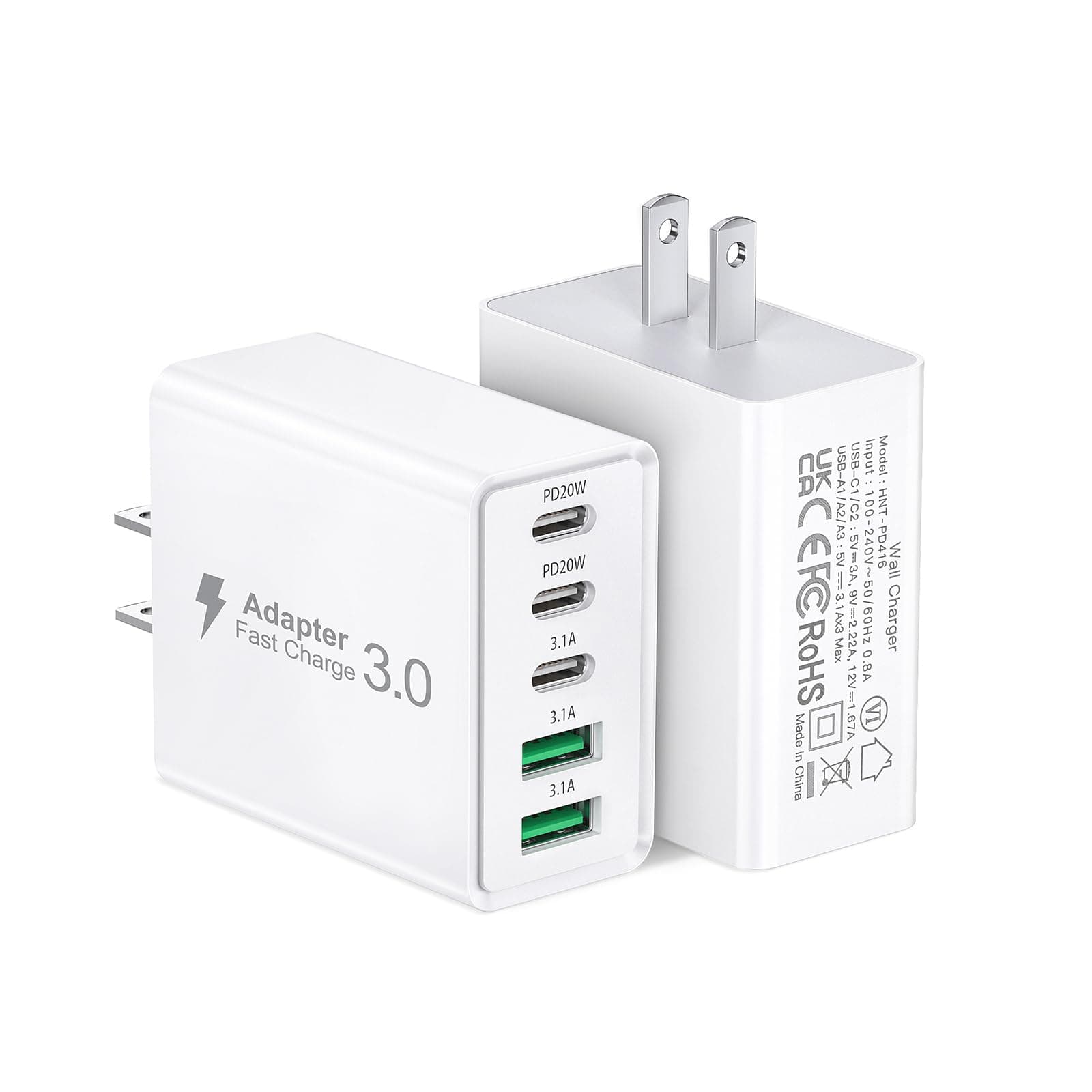 2Pack USB C Fast Charger Block,60W 5-Port USB Wall Charger Brick,2 USB A & 3 USB C PD3.0 Power Adapter Multiport Type C Charging Plug for iPhone 17/16/15/14,Pad Mini/Pro,AirPods 4,GalaxyS25(White)