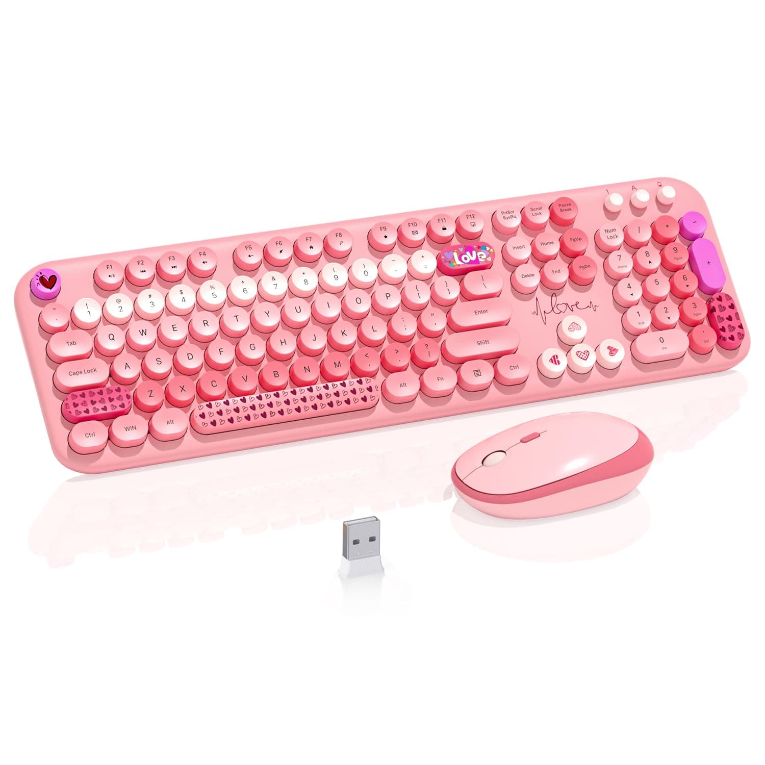 Wireless Keyboard Mouse,104 Full Size Cute Colorful Keyboard and Mouse with Retro Typewriter for PC/Mac/Laptop/Tablet/Computer/Windows/Microsoft, Pink