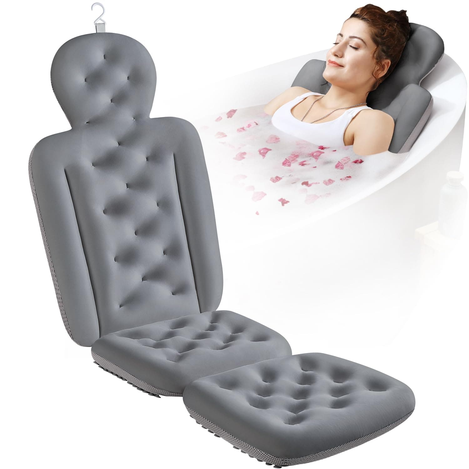 Full Body Bath Pillow for Bathtub, Thick Bathtub Cushion, Luxury Tub Pillow for Bath for Headrest Neck and Back Support Gray 51" x 16"