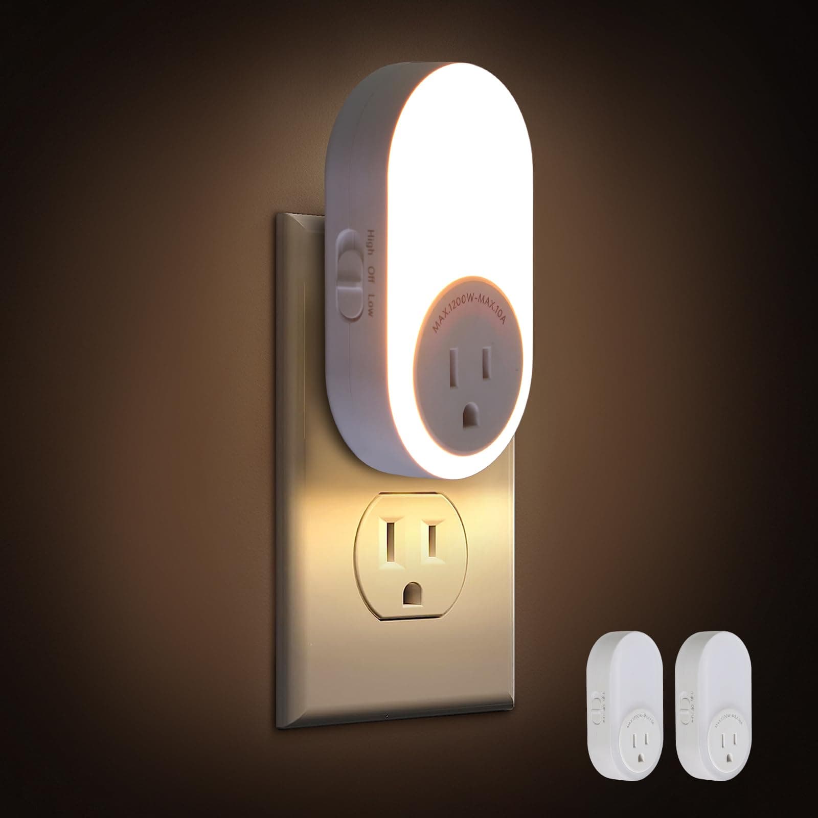 Dawnrise Night Lights Plug Into Wall, Dusk to Dawn Sensor Night Light with Power Outlet, CCT 2200K or 4000K, 5Lm or 20Lm Adjustable Brightness for Bedroom, Kitchen, Living Room, Office, 2PK
