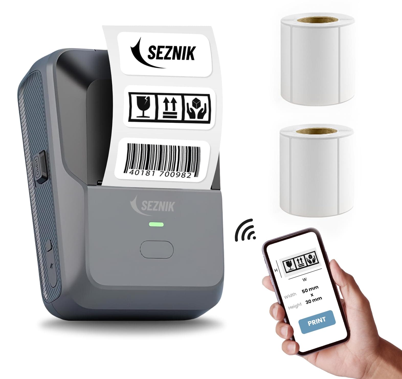 SEZNIK Josh Bluetooth Thermal Label Printer | Inkless Mini Rechargeable | MRP, Barcode, Excel File Printing | Cloud, Mobile, Desktop | Jewellery, Round Labels | Up to 2-inch Print | 1 Year Warranty