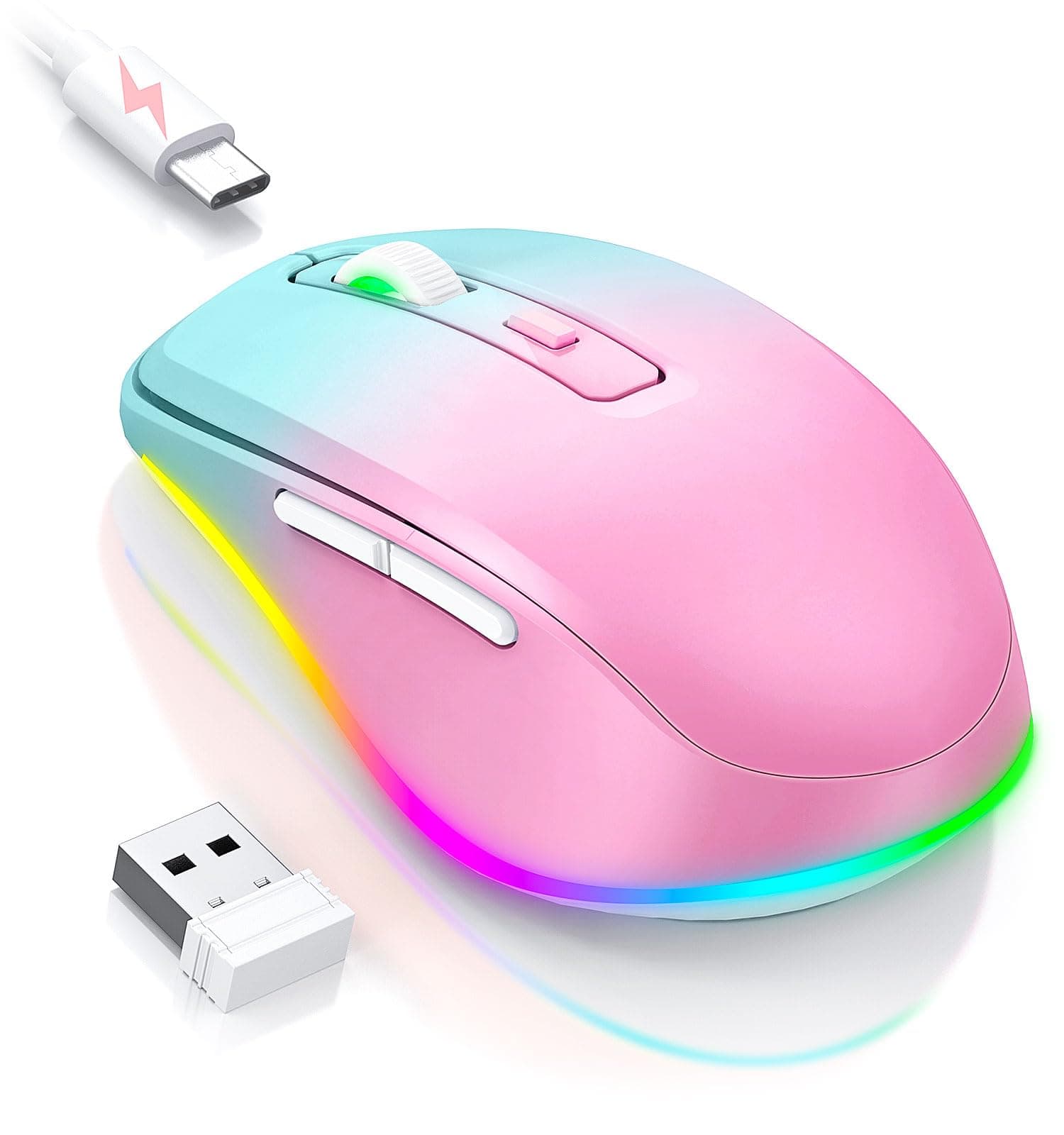 Wireless Mouse Jiggler - LED Wireless Mice with Build-in Mouse Jiggler Mover, Rechargeable Moving Mouse for Computer with Undetectable Random Movement Keeps Computer Awake - Gradient Pink