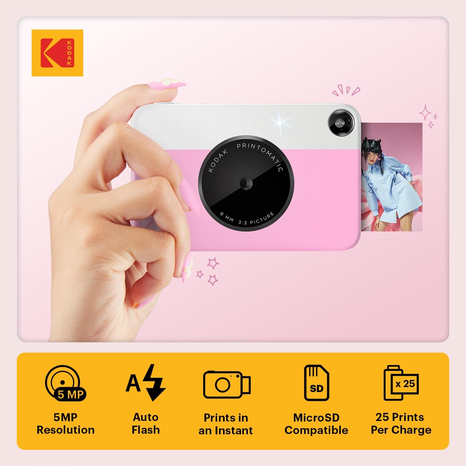 Kodak Printomatic Full-Color Instant Print Digital Camera - 75 Sheets Bundle - Prints On Zink 2x3 Sticky-Back Photo Paper - 5MP, Portable, Creative Fun Gift for Birthday, Christmas, Holiday - Pink