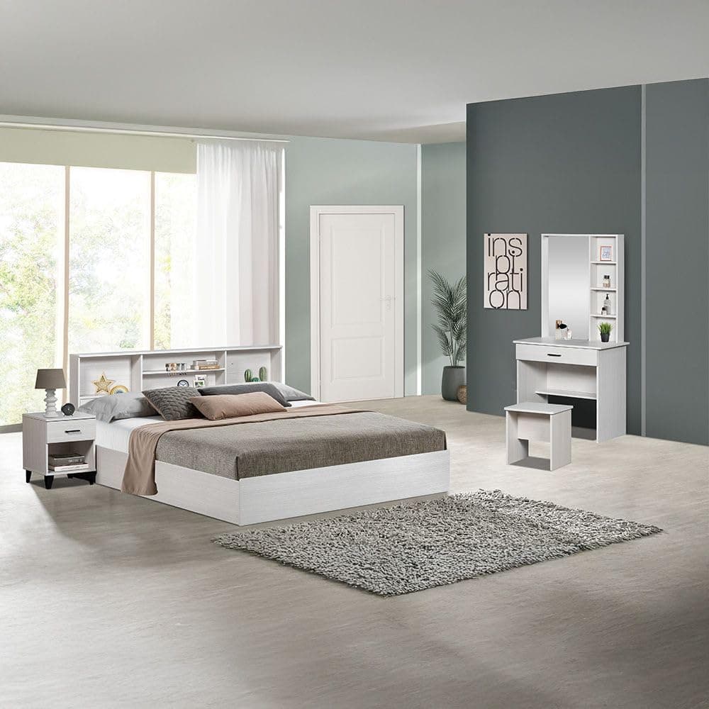 Danube Home Gamorah 5 Pieces Bed Set King Size + Night Stand + Dresser And Stool With Mirror | Comfortable Bedset Full | Sturdy Modern Design Wooden Bed Room Set Furnitures (Ash White, King)