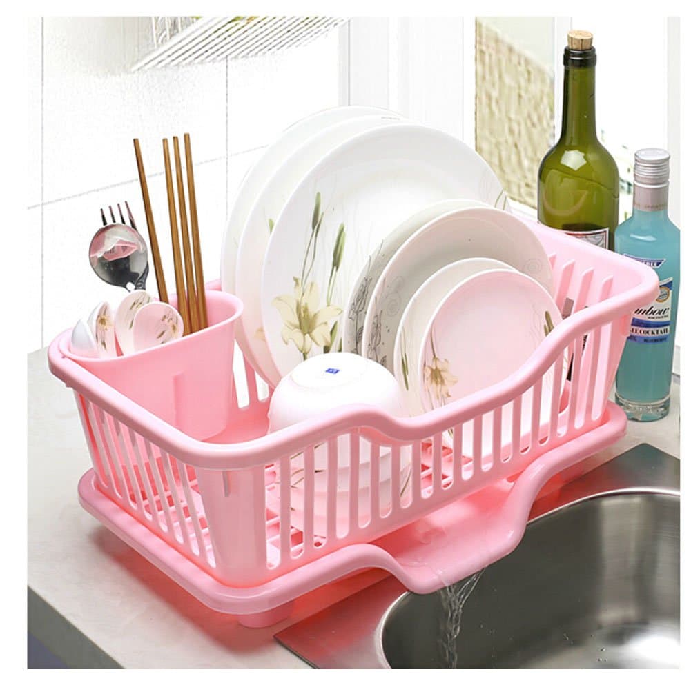 Space Saving Large Plastic Kitchen Dishes Drain Racks Shelf (Pink)