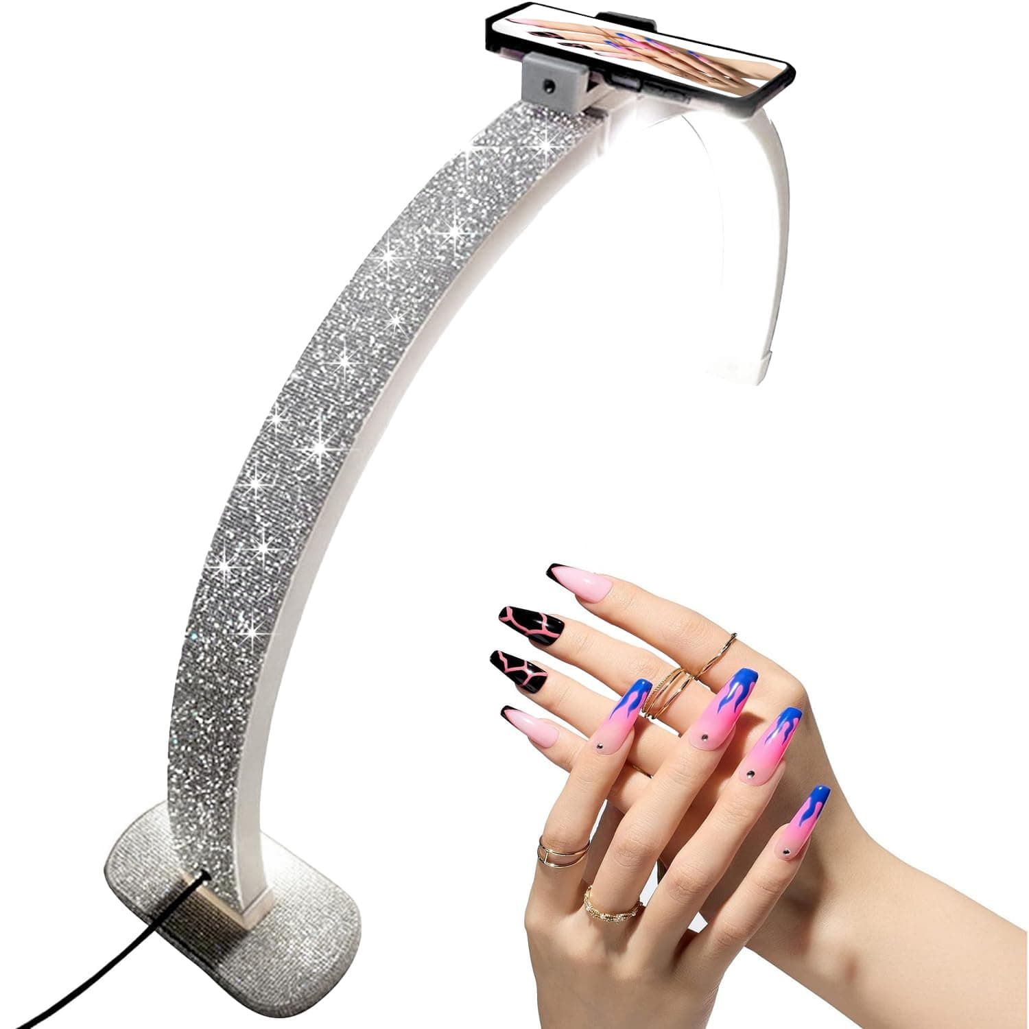 Half Moon Light with Phone Holder, 30" Half Moon Lamp, 40W LED Lash Light for Eyelash Extensions, Makeup, Tattoo, Spa, Desk Lamp for Nail Tech (White)