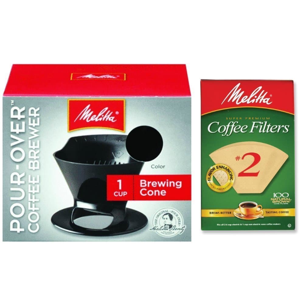 Pour Over Coffee Cone Brewer & #2 Filter Natural Brown Combo Set, Black