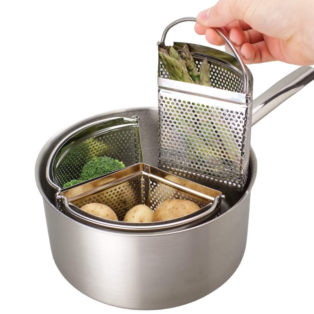 Pan Triple Divider/Separator Set - Save Energy and Space. Cooking or Steaming. 18cm Stainless Steel Sieve. Vegetables, Potatoes, Mussels, Pasta, Eggs.