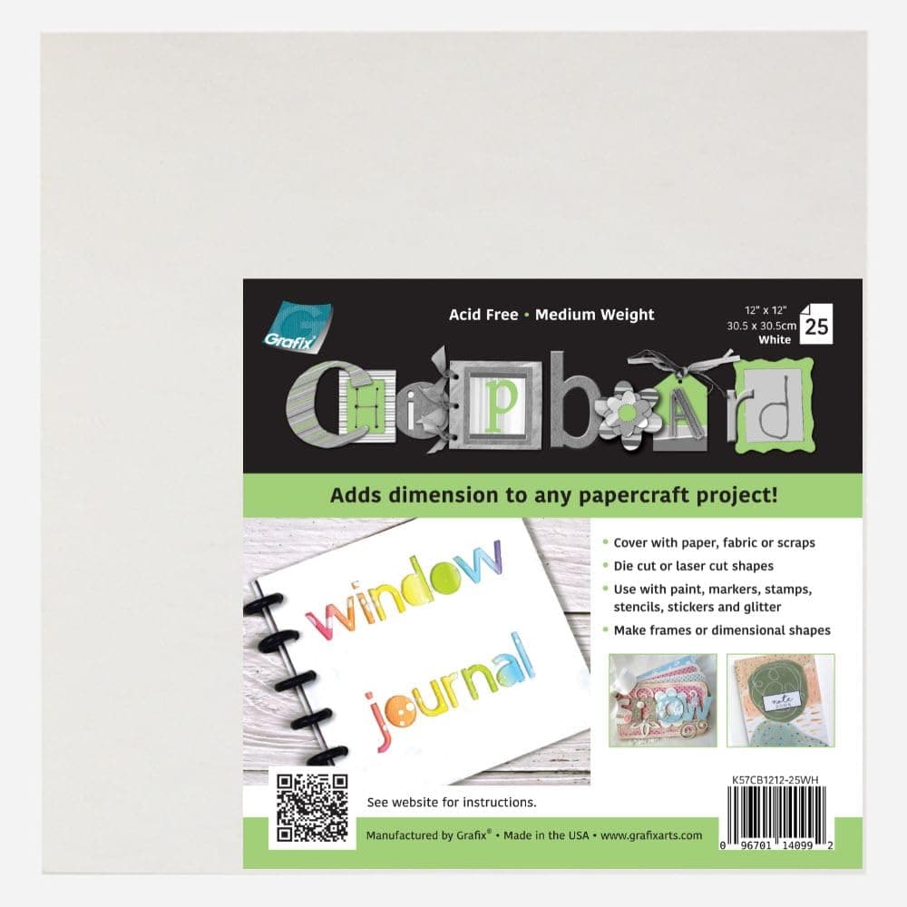Grafix Medium Weight 12 X 12”, White Pack Of 25 – Acid-Free 0.05” Chipboard Sheets, Create Three-Dimensional Embellishments For Cards, Papercrafts, Mixed Media, Home Décor