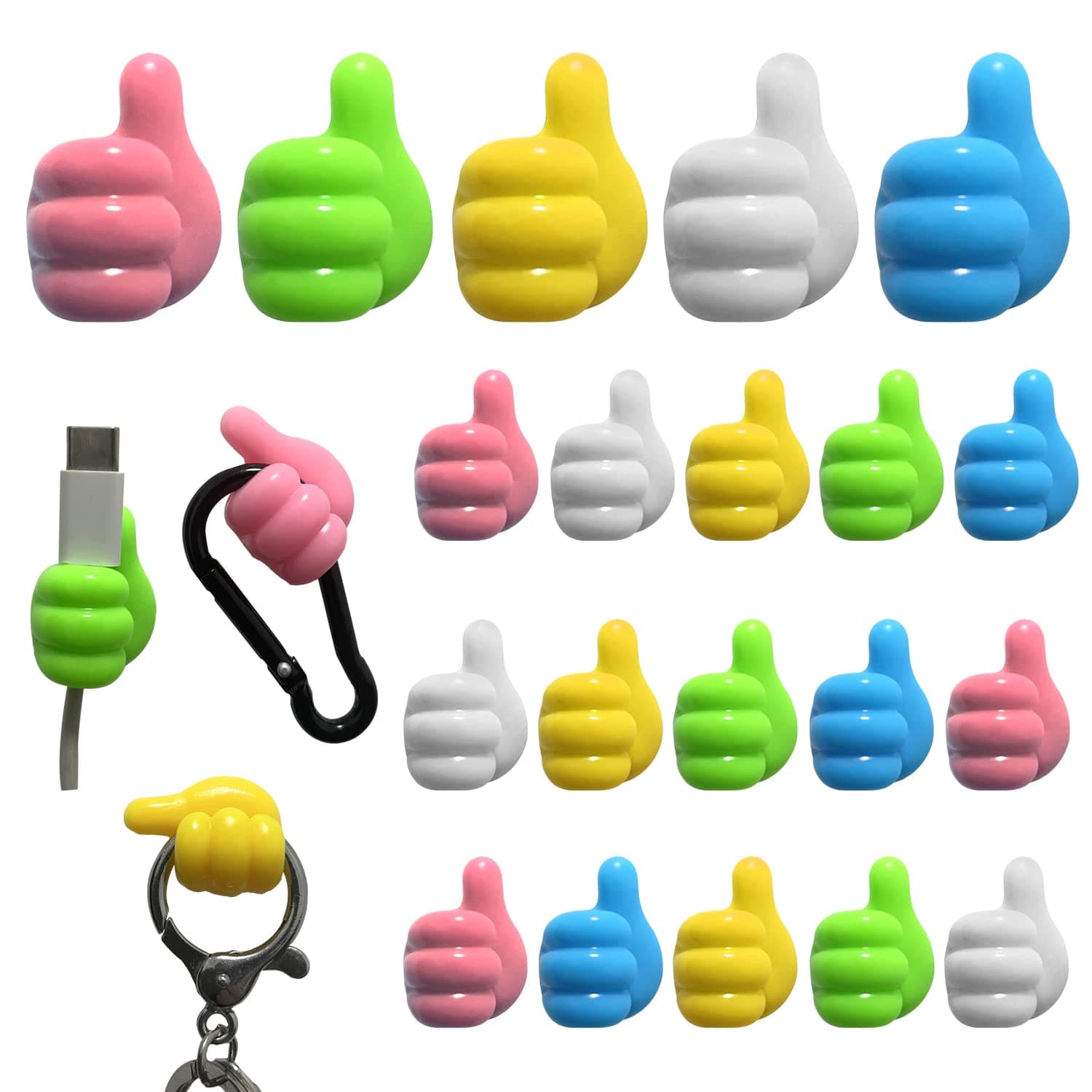 AWAVM 20 PACK Self Adhesive Hooks, Thumb Wall Hooks Stick on Bathroom Cable Holder, Organiser, Tidy Clips for Home, Office, Desk, Car, Gift Idea (Thumb hook - 20)
