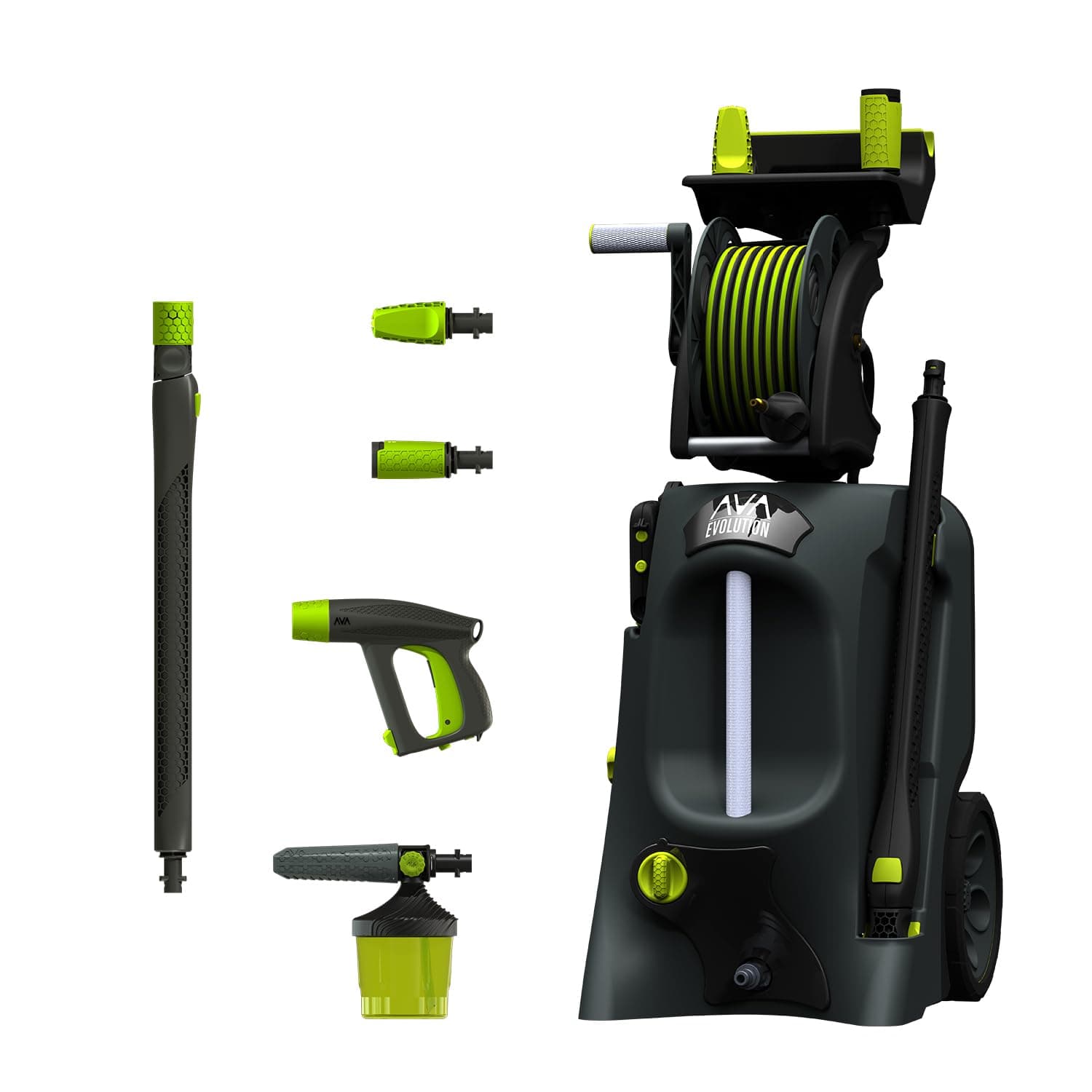 AVA Evolution P70 Pressure Washer, 150 Bar 540 LPH 2400 W, High Power Electric Jet Washer with Foam Cannon, Follow-Me Hose Reel, Zoom Lance, Used for Patios, Cars, Includes Turbo and Vario Nozzles