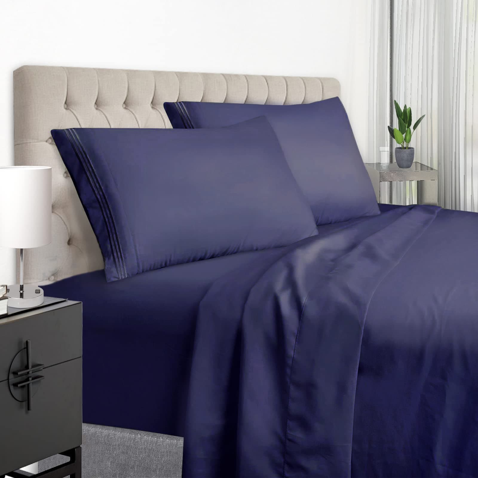YumHome Luxury King Bed Sheets Set Soft Brushed Microfiber 1800 Thread Count - Breathable Luxury Egyptian King Size Sheets 15-Inch Deep Pocket Wrinkle and Hypoallergenic-4 Piece(King,Navy Blue)