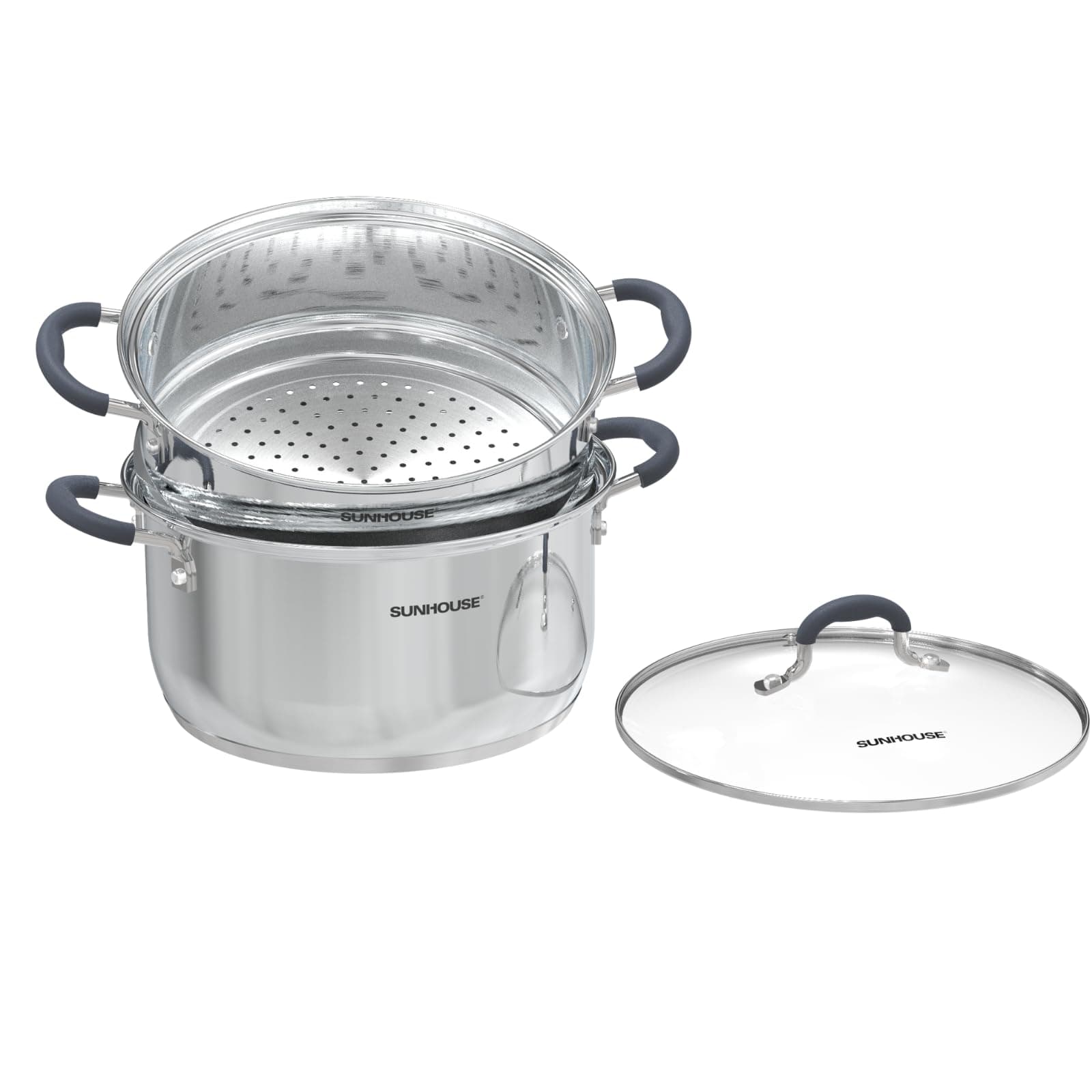 3.1 Quart Steamer Pots with Lid 2-Tier Multipurpose Stainless Steel Steaming Pot Cookware with Handle for Vegetable, Dumpling, Sauce, Food - Triple Bottom, Measurement Line