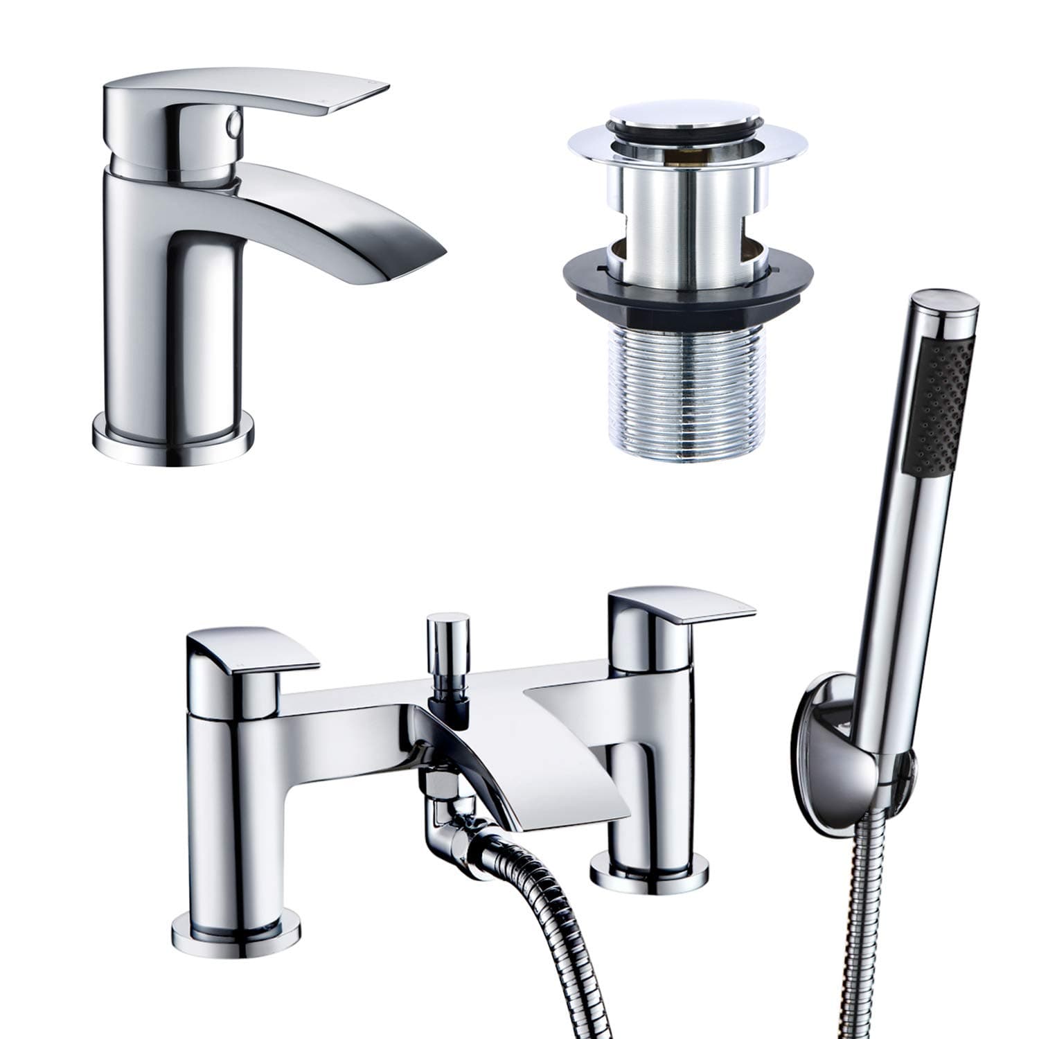 Hapilife Basin and Bath Mixer Taps with Shower Attachment Set Slotted Pop up Waste Waterfall Bathroom Sink Taps Cloakroom Bathtub Tub Filler Tap Mixers Monobloc Chrome Brass Bathroom Tap Set