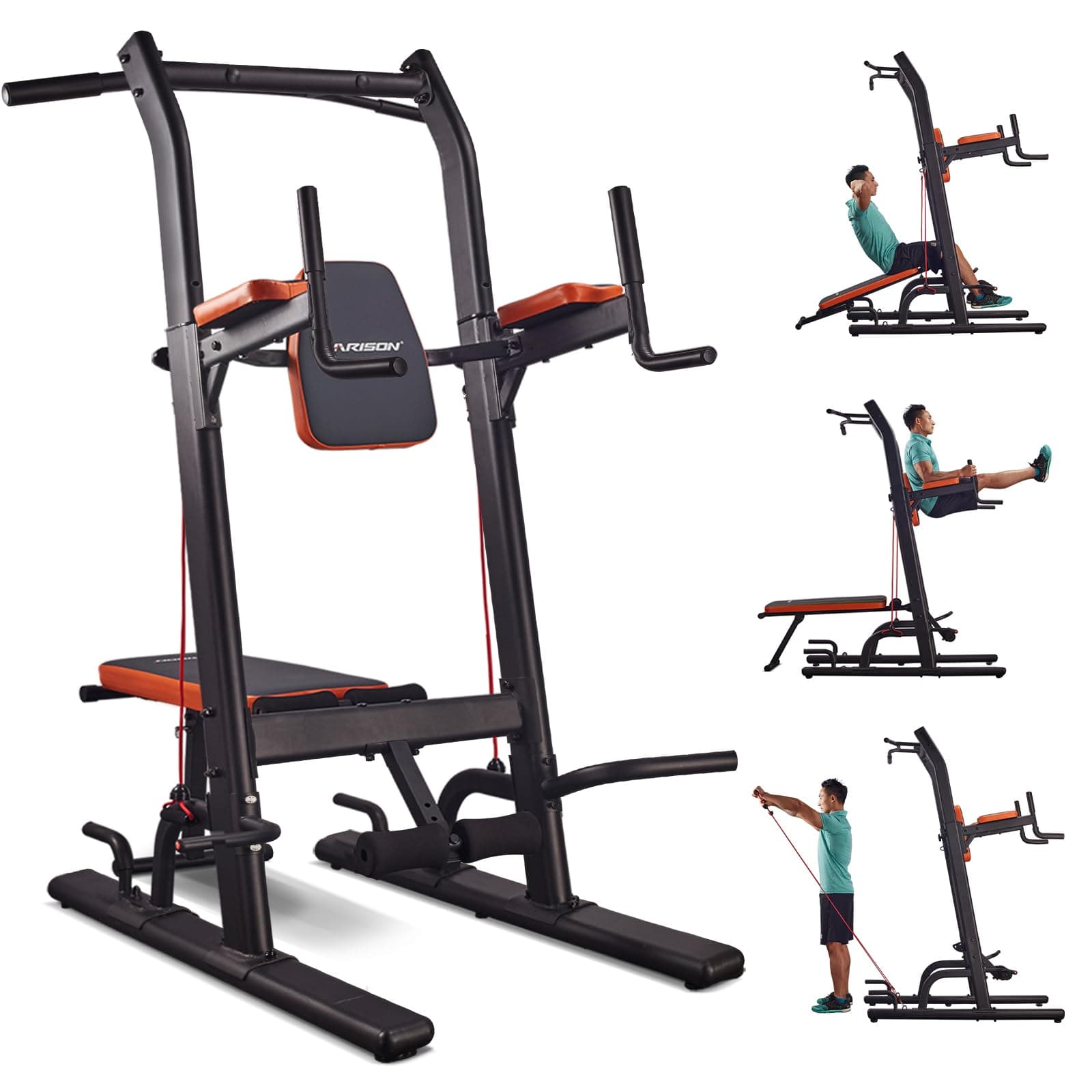 HARISON Multifunction Power Tower with Bench, Heavy Duty Pull Up Bar Dip Station for Home Gym Workout Strength Training Fitness Equipment