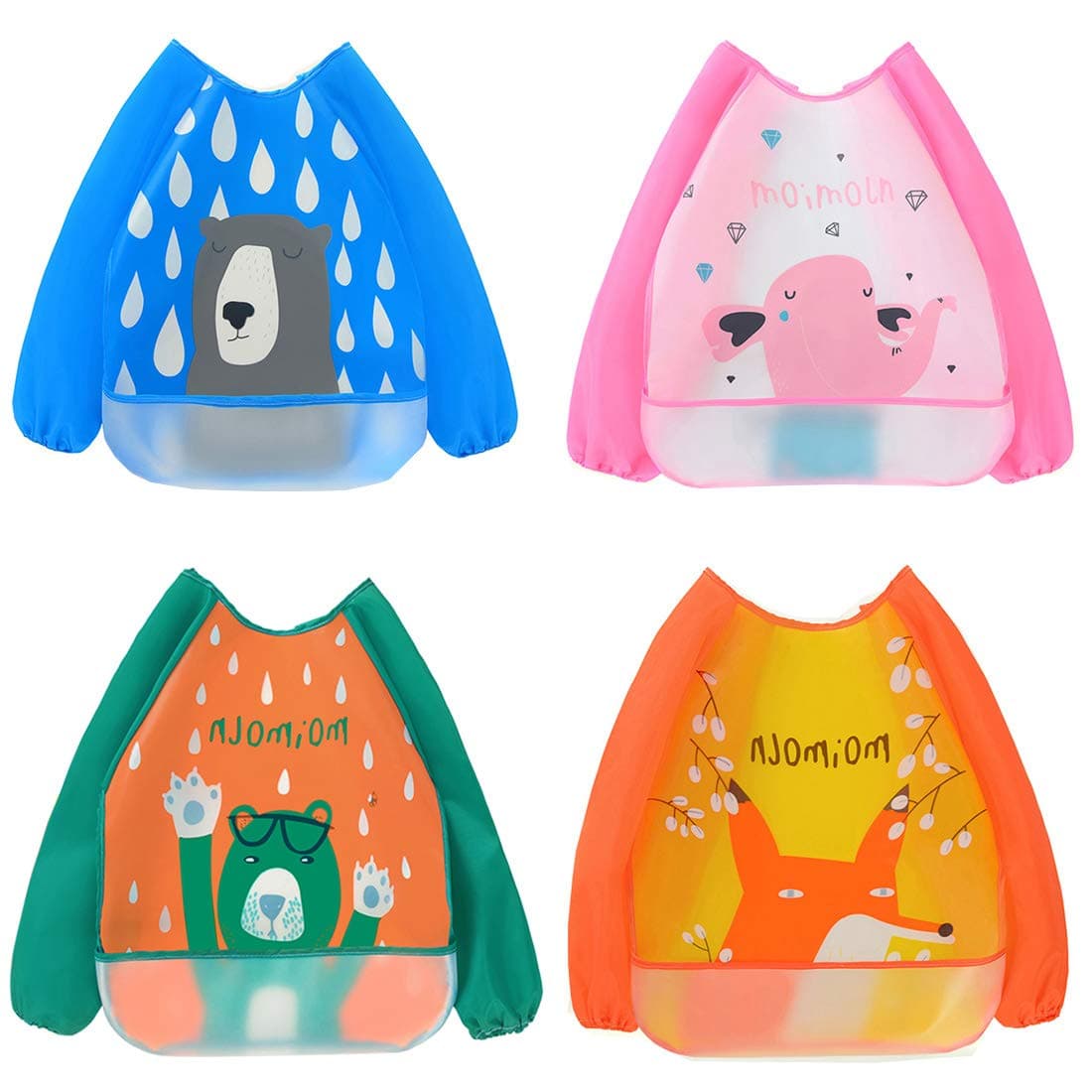 4 Pack Waterproof Feeding Bib with Front Pocket for Spills, Long Sleeves Washable Eat Painting Play Smock Apron Coverall, Unisex for 3-36 Month Baby Infant Toddler
