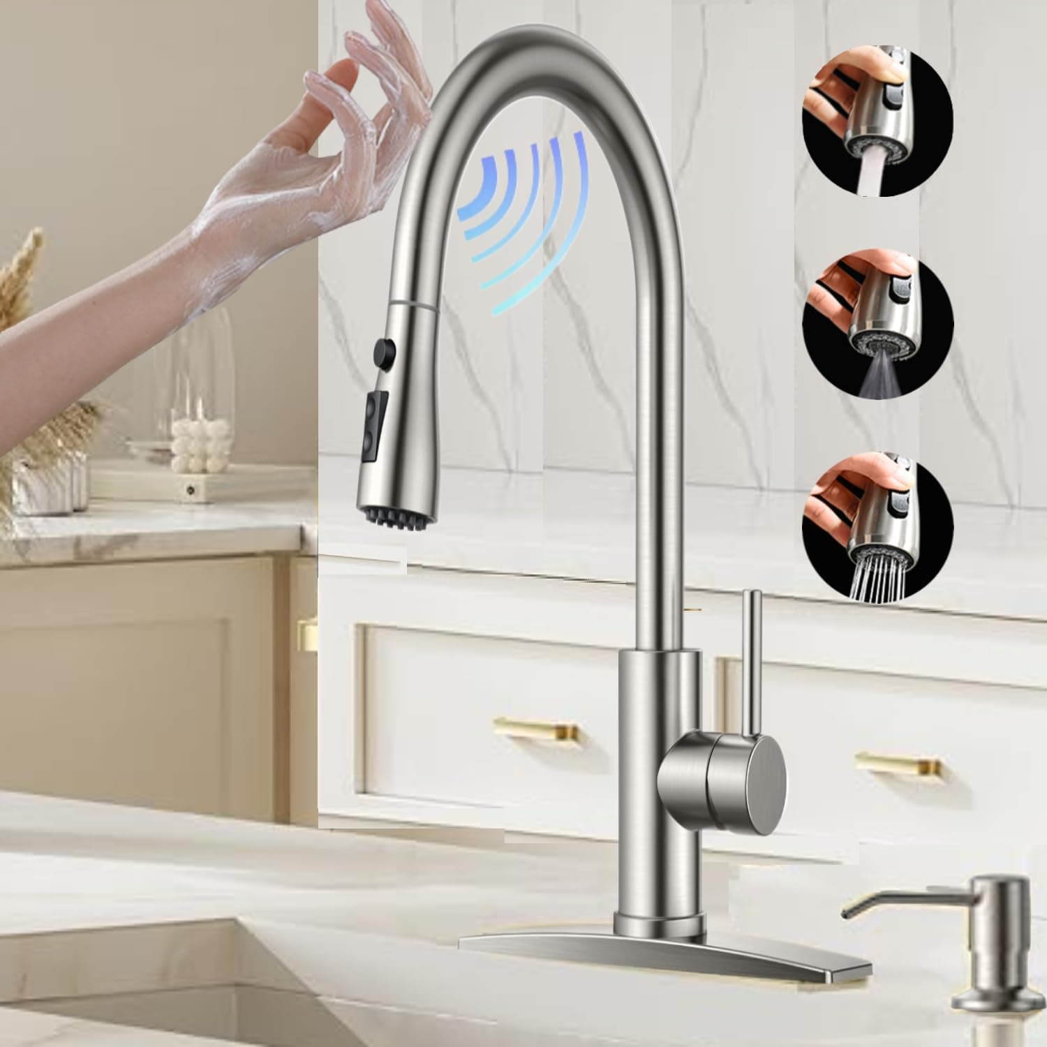 Touch On Kitchen Faucet, 3 Modes Pull Down Sprayer, Touch On Sensor Activated, Ceramic Disc Valve, 360-Degree Rotation,1 or 3 Hole Deck Plate. 10-Year Warranty. (Brushed Steel, KW-69SN)