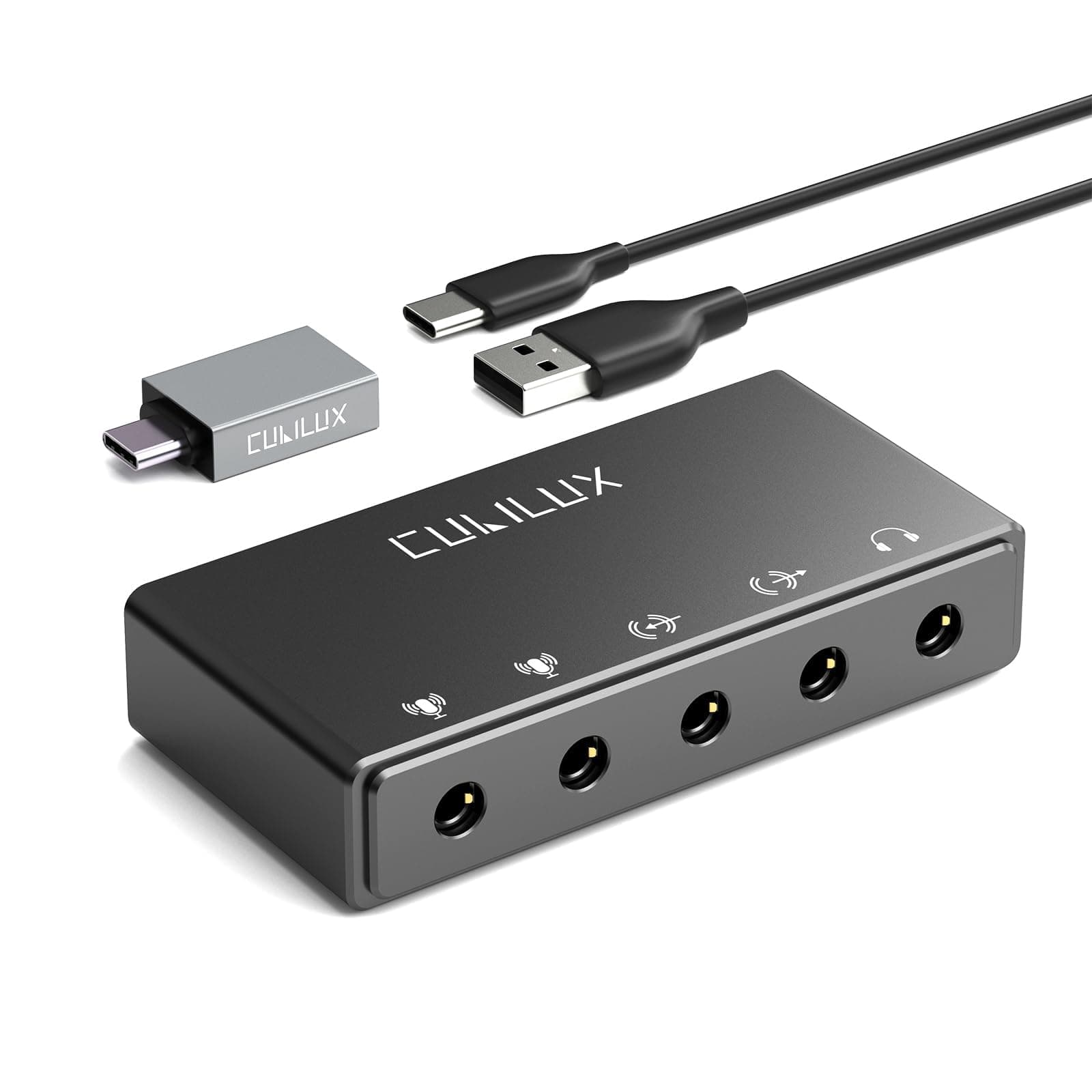 Cubilux CB5 USB Audio Interface for Recording, Streaming, Podcasting, USB to 3.5mm Sound Card with Stereo Microphone Input, Line-In, Line-Out & Headphone Jack for Monitors, Support Windows & Mac OS