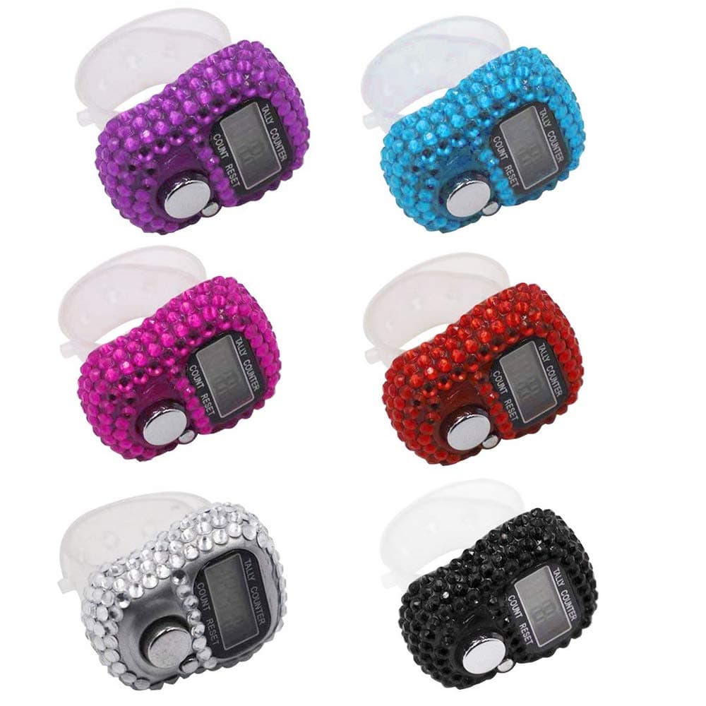 Gzingen 6 Pcs Finger Counters - 5 Digital LED Electronic Finger Counter, Mechanical Manual Clicker Number Lap Tracker Tally Counter with Bling Design-Six Colors