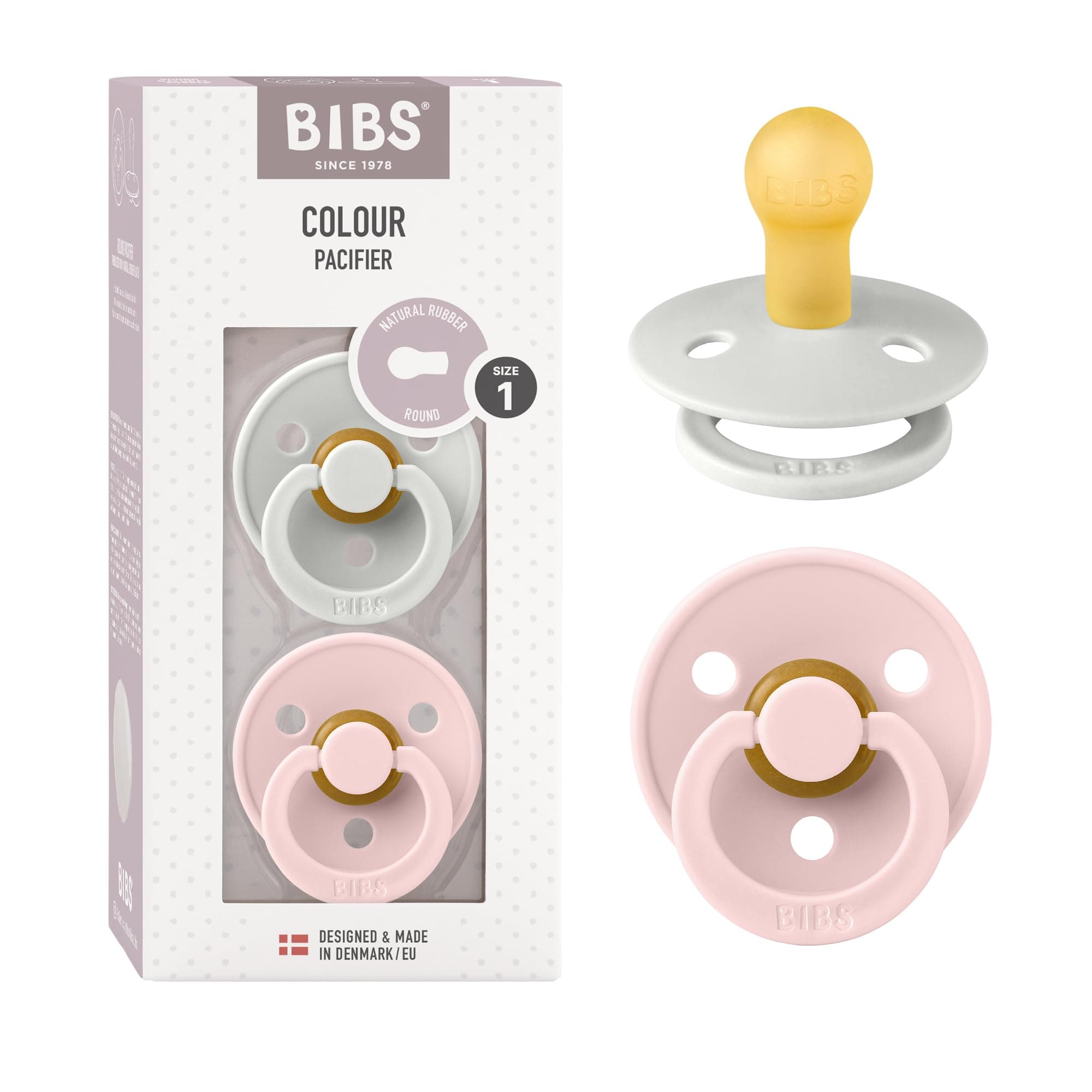 Bibs Colour Natural Rubber Pacifier for 0-6 Months Babies 2-Pieces, Size 1, Haze/Blossom