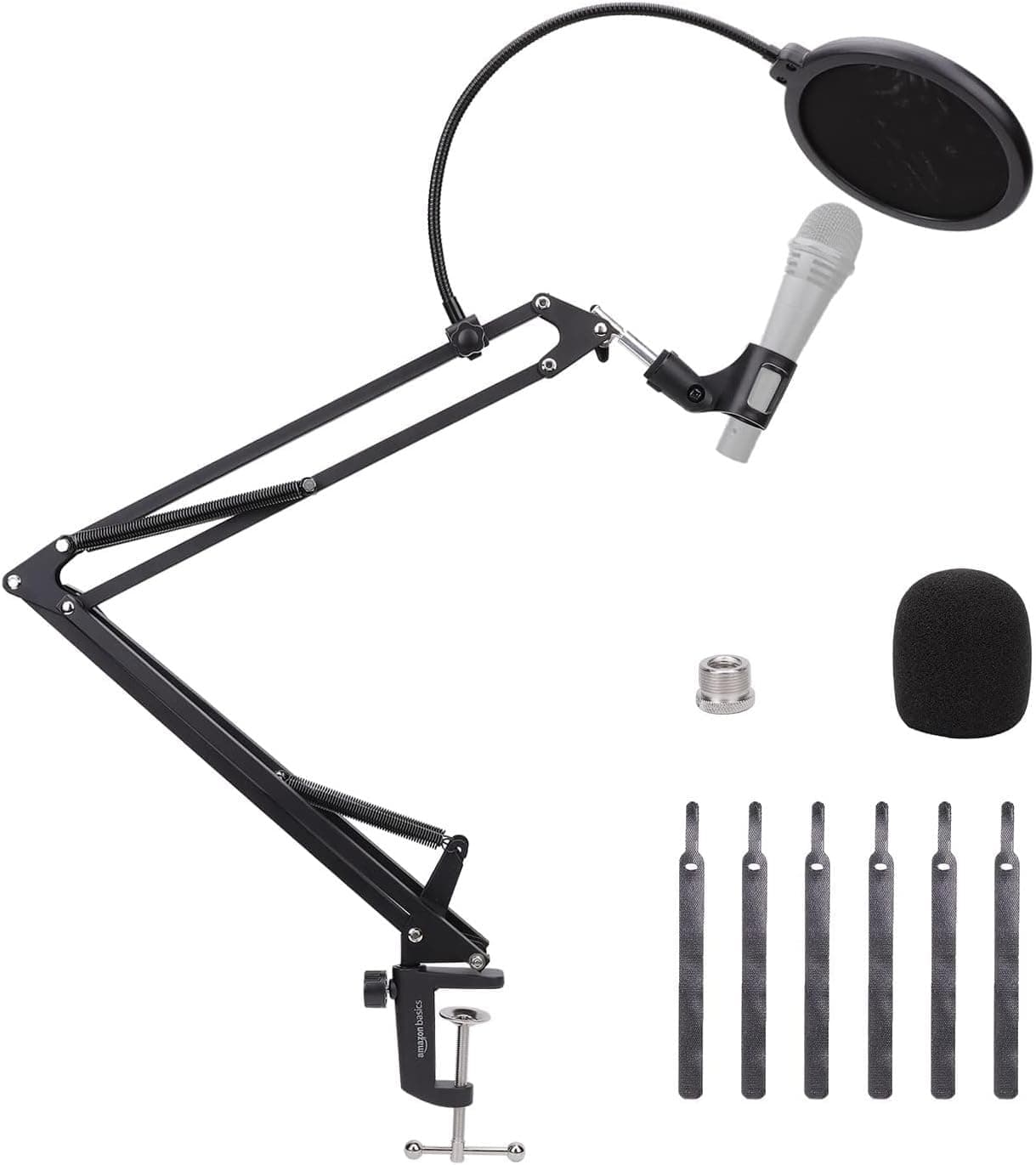 Adjustable Microphone Stand with Pop Filter, Windscreen for Noise Reduction, Compatible with Blue Yeti, Snowball, Shure, Audio-Technica, 14 inch