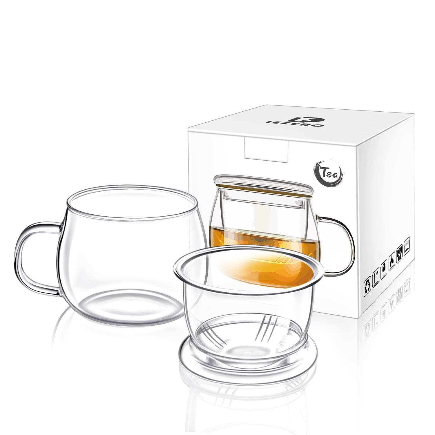 Lezero 13oz Tea Infuser Cups Kits, Glass Mugs with Filter Basket and Lid for Loose leaf-Tea Brewing, Heat Resistant, Lead-free, Microwave & Dishwasher Safe